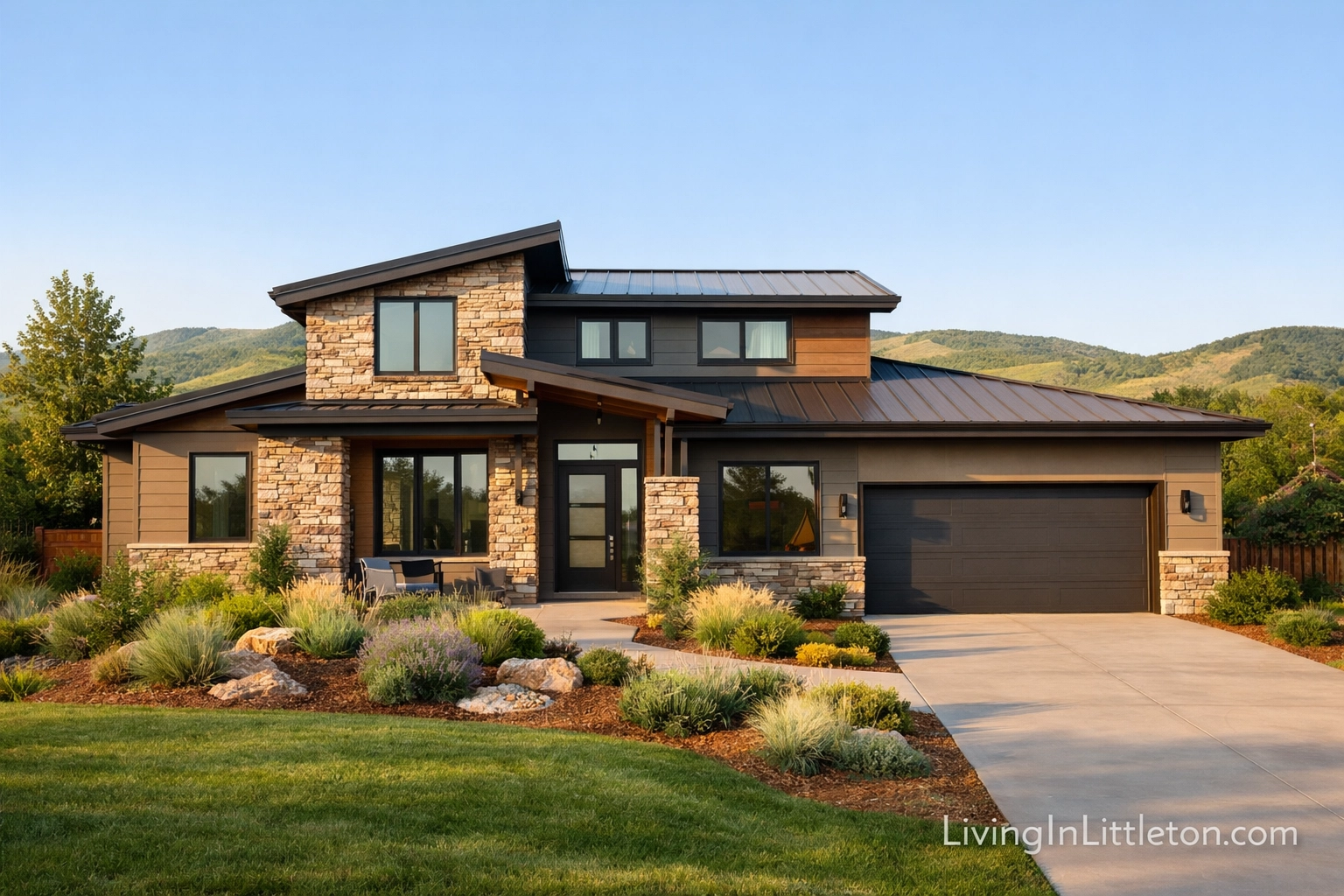 Modern single-family home in Littleton Colorado with professional landscaping and foothill views. Modern single-family home in Littleton Colorado with professional landscaping and foothill views.
