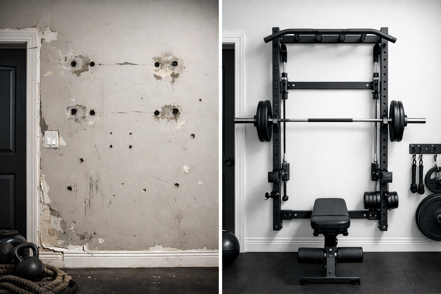 Wall damage from traditional pull-up bars versus pristine wall with floor-to-ceiling home gym system