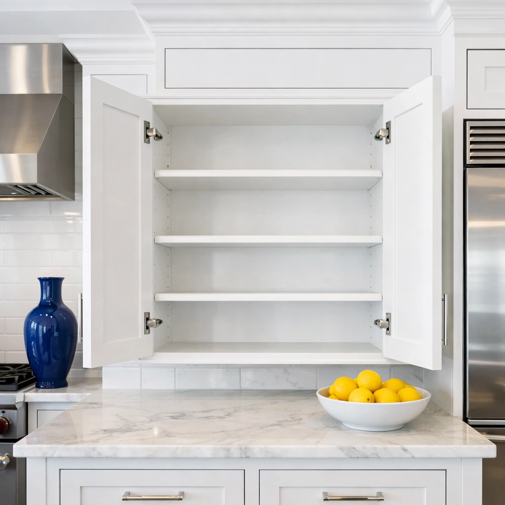 Pristine white kitchen cabinets and marble countertops showing a detailed move-in cleaning in Massachusetts.