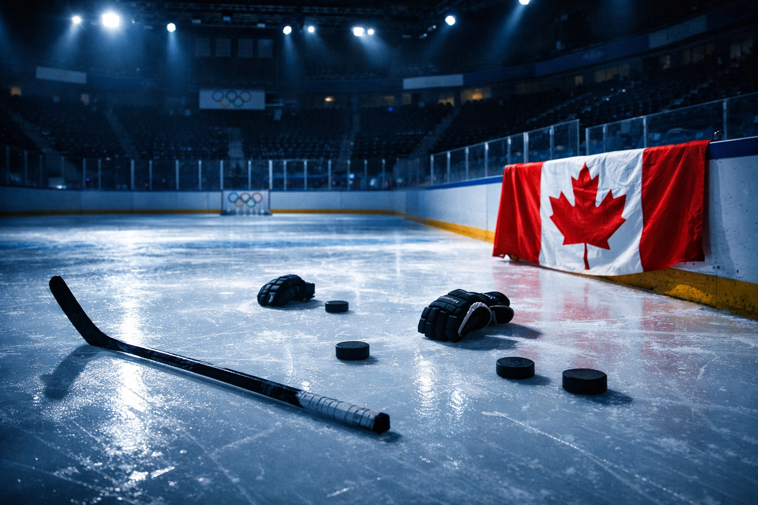 Empty Olympic hockey rink with Canadian flag and scattered equipment after Canada vs USA game