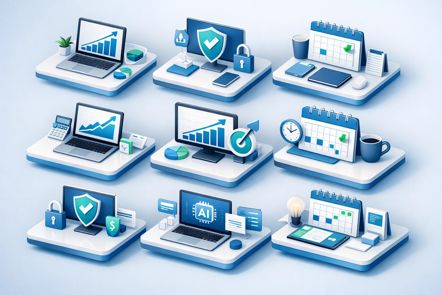 Digital workstations showing AI use cases for growth, security, and scheduling in small business automation.