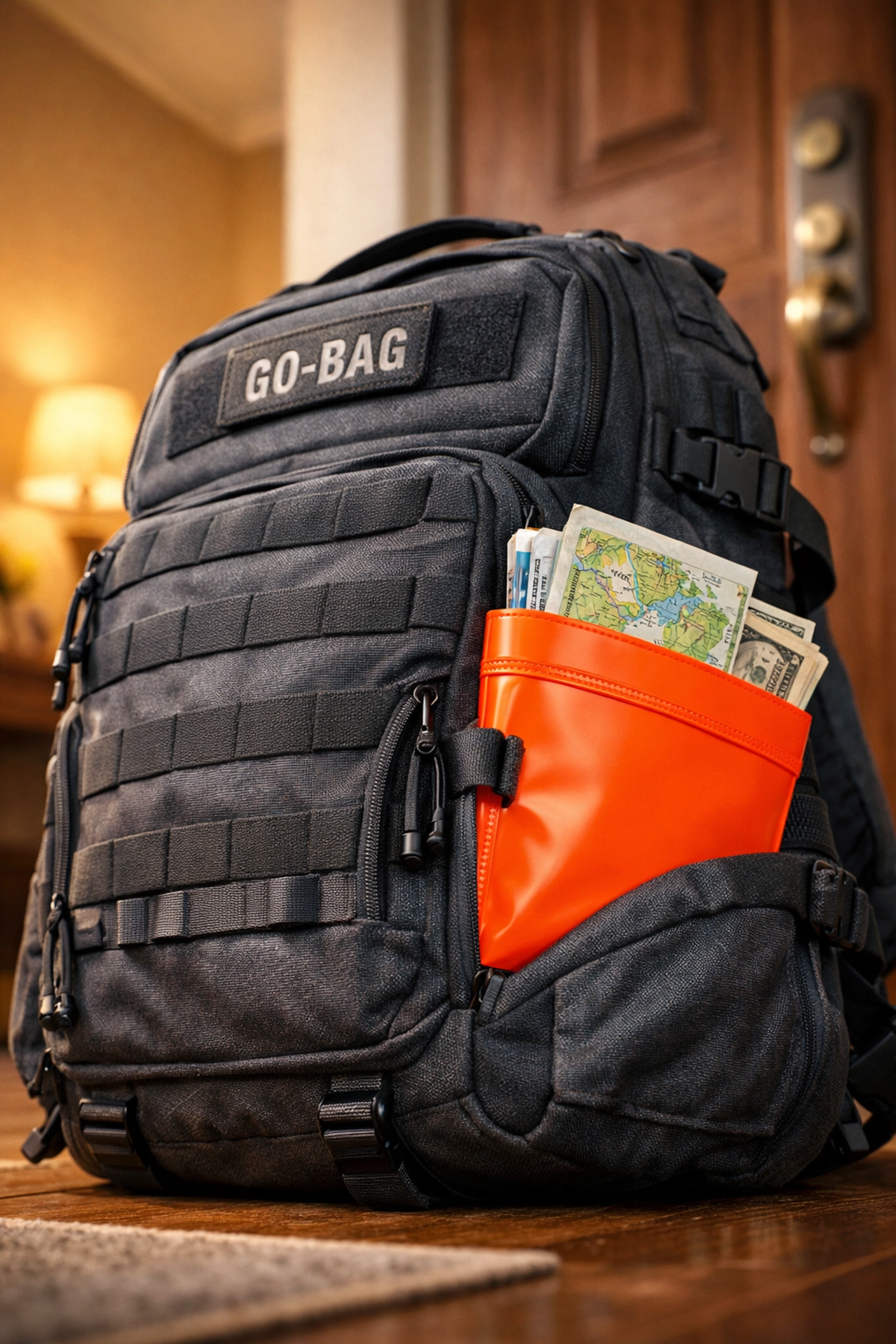 Emergency go-bag with waterproof document folder and disaster supplies ready by the front door.