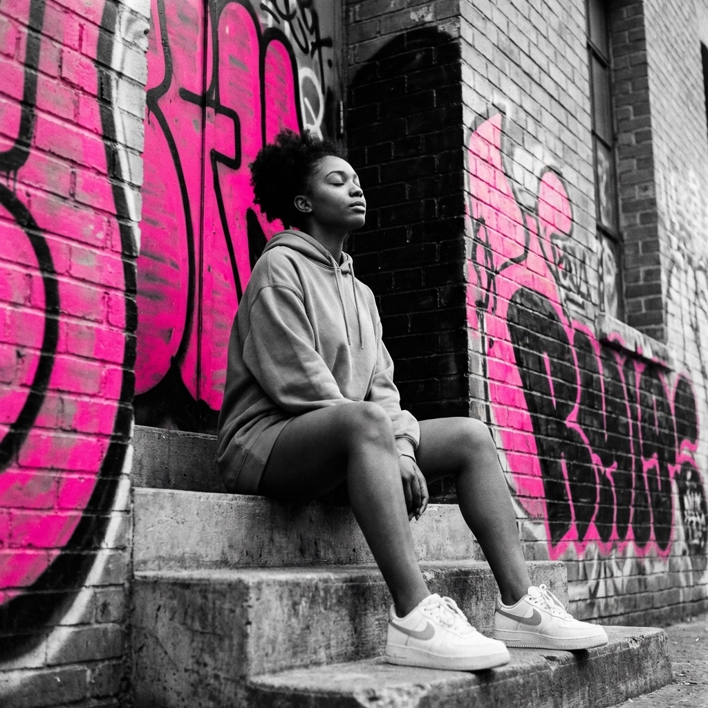 Black woman practicing mindfulness on city steps, highlighting urban mental health self-care practices