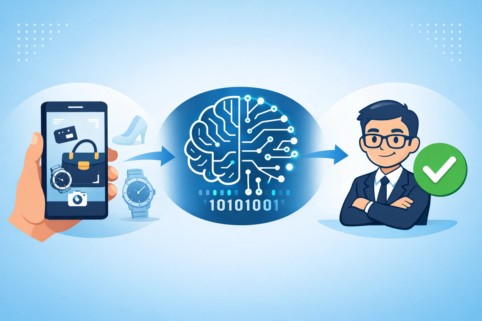 Professional luxury authentication process showing photo submission, AI analysis, and expert verification