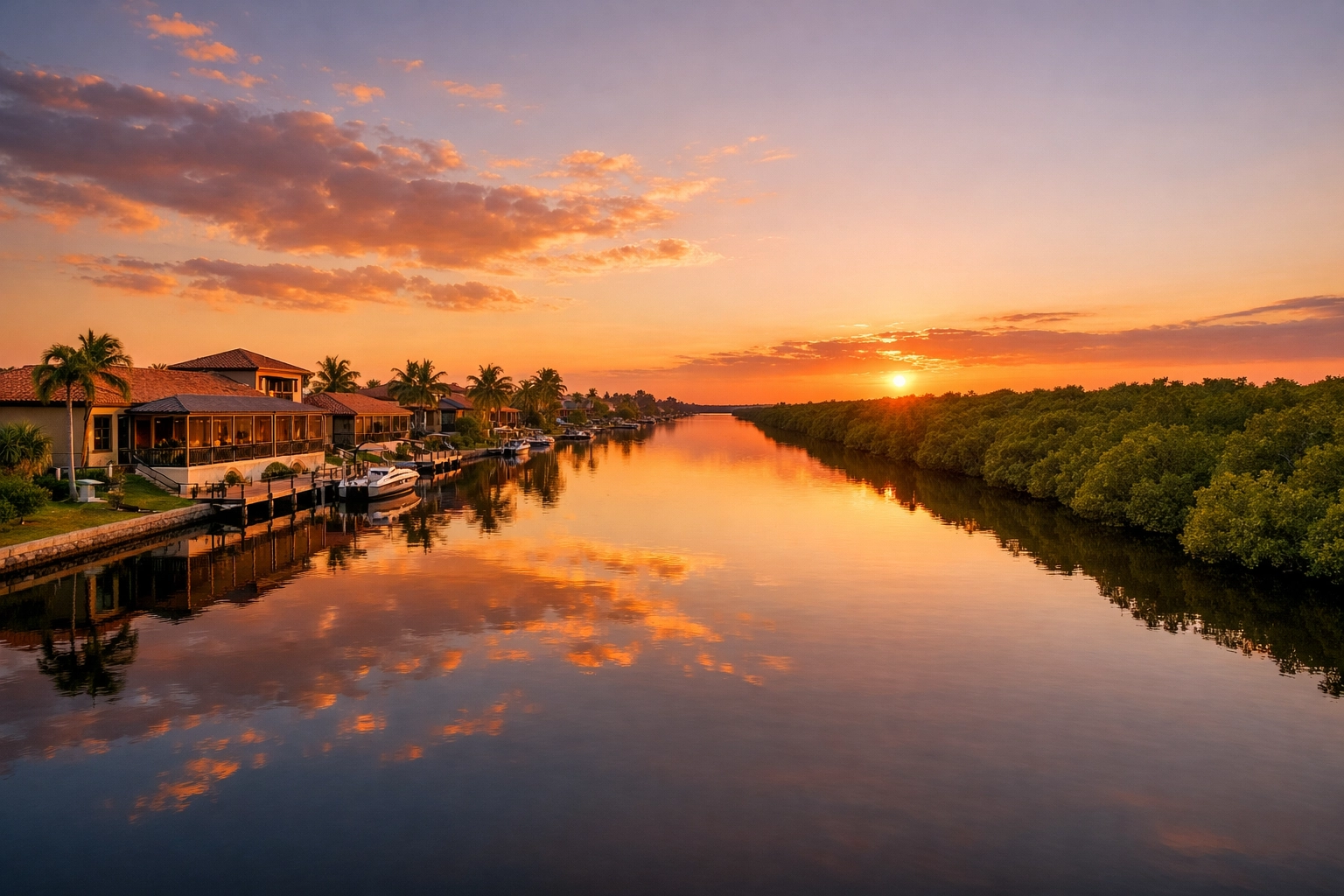 Sunset view of a Cape Coral Spreader canal with waterfront homes bordering lush Florida mangroves.