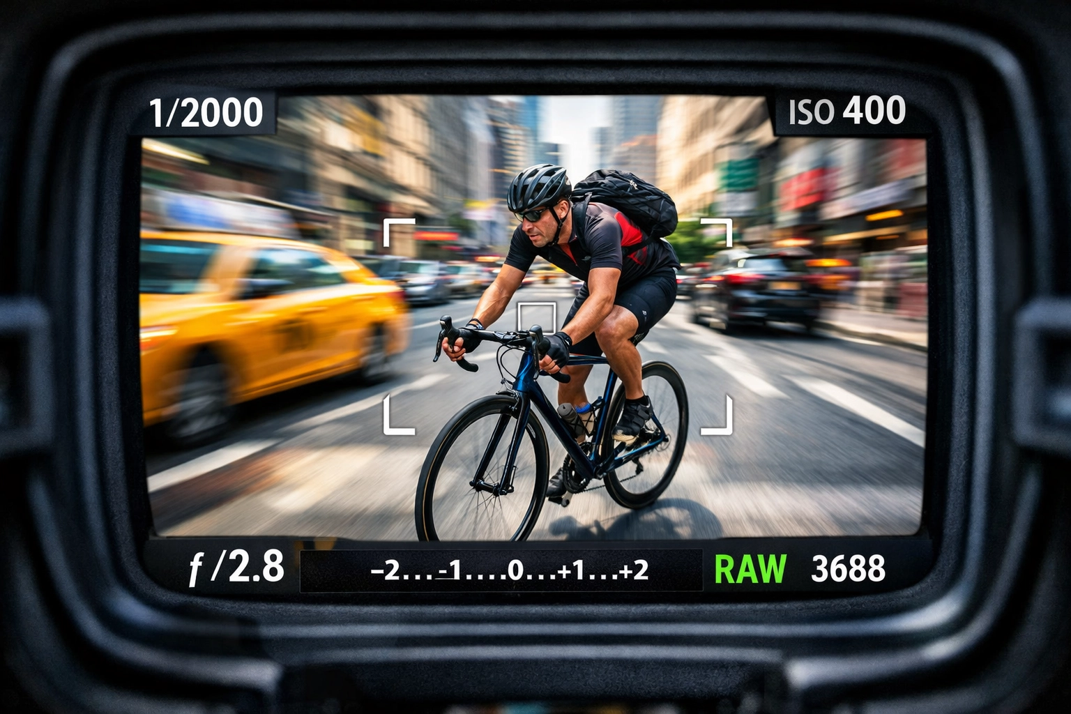 Camera viewfinder showing f-stop and ISO settings while capturing fast-moving action.