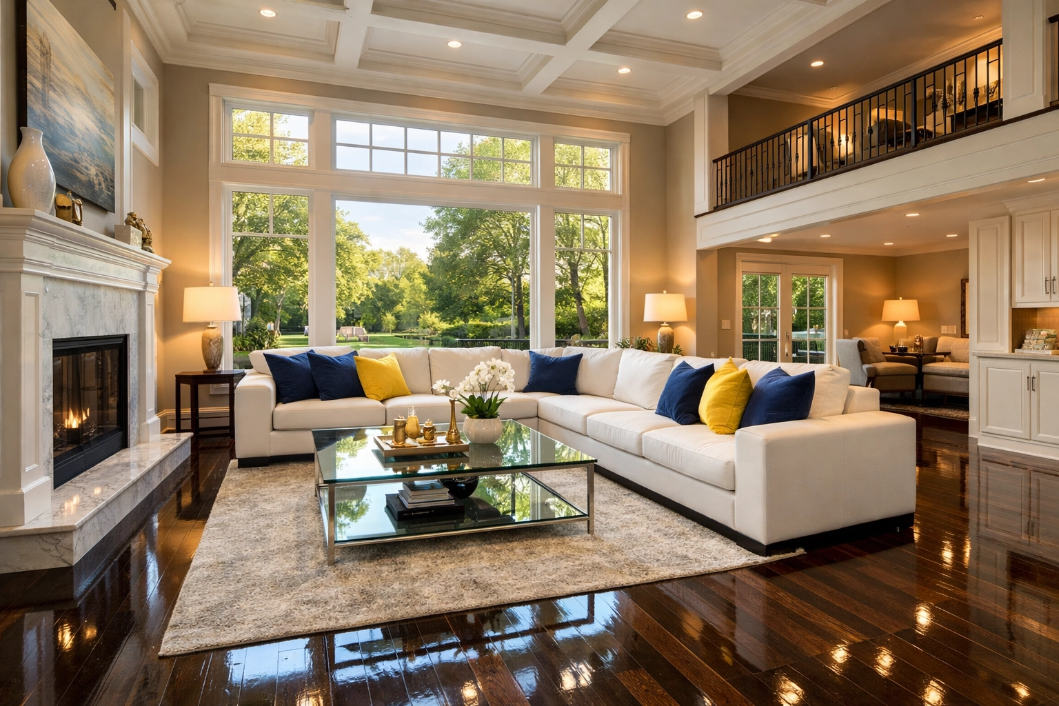 A pristine Massachusetts living room featuring spotless floors after expert deep cleaning services.