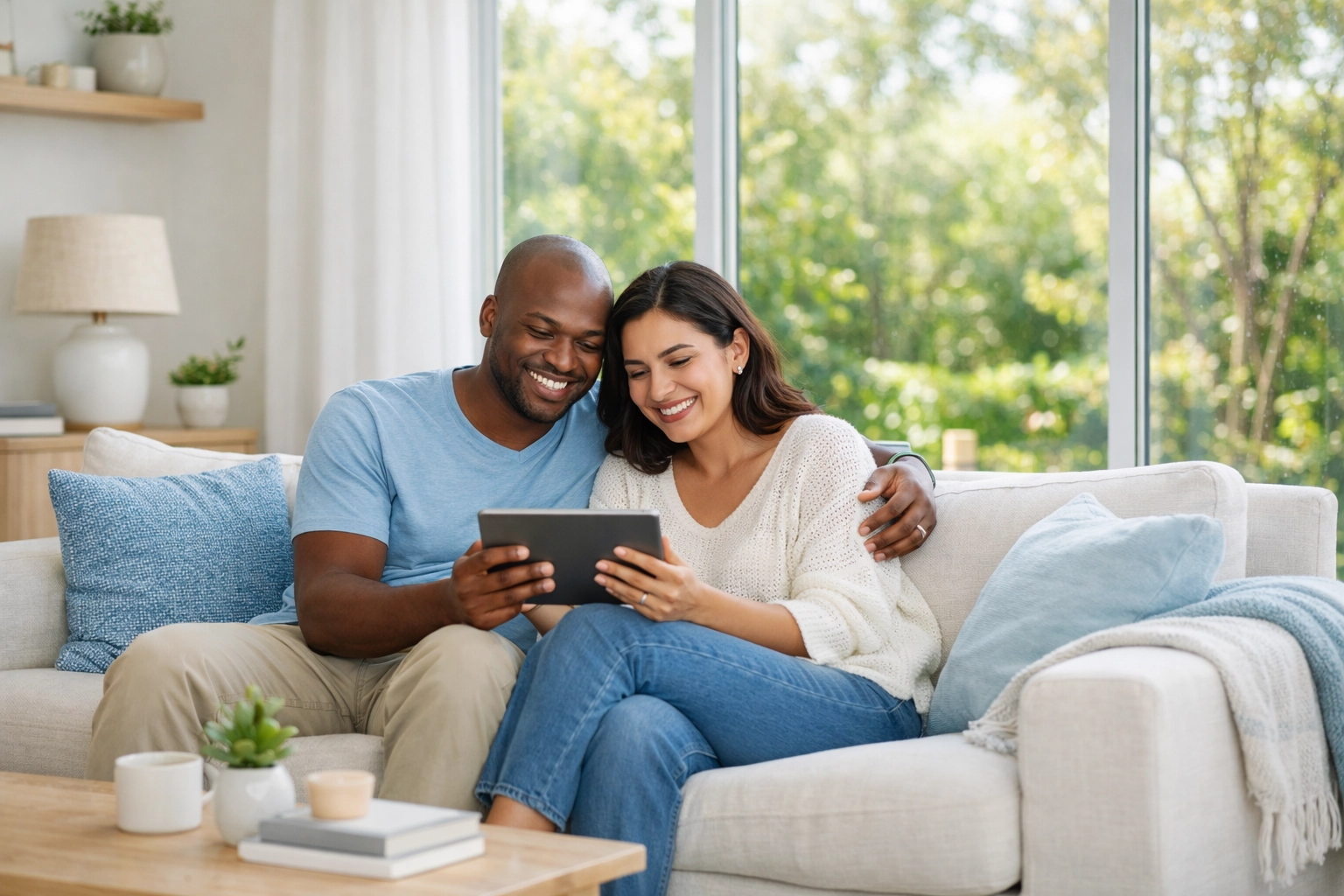 Diverse couple experiencing financial peace after working with a certified money coach in California.