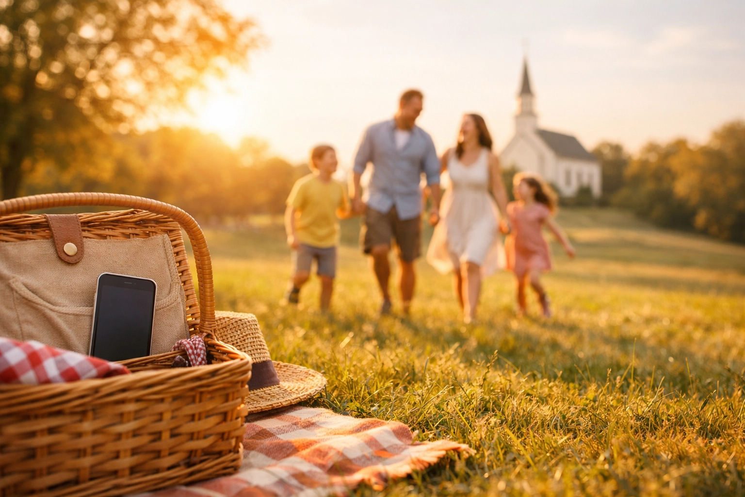 Happy family practicing a digital Sabbath outdoors, disconnecting from news to focus on faith and rest.