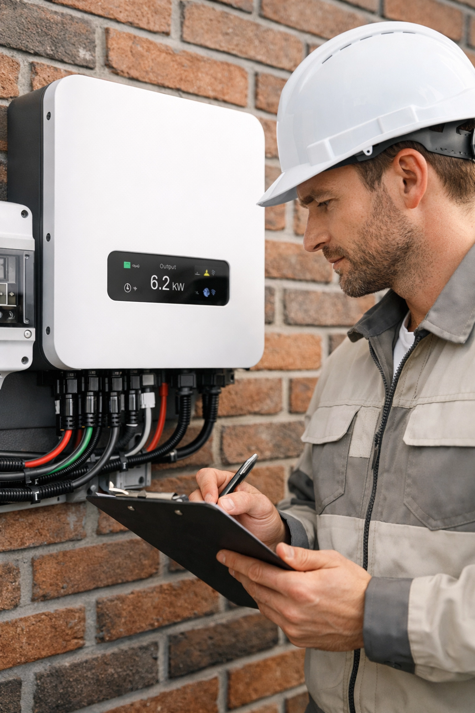 Expert technician performing a final inspection of a professional solar inverter installation.