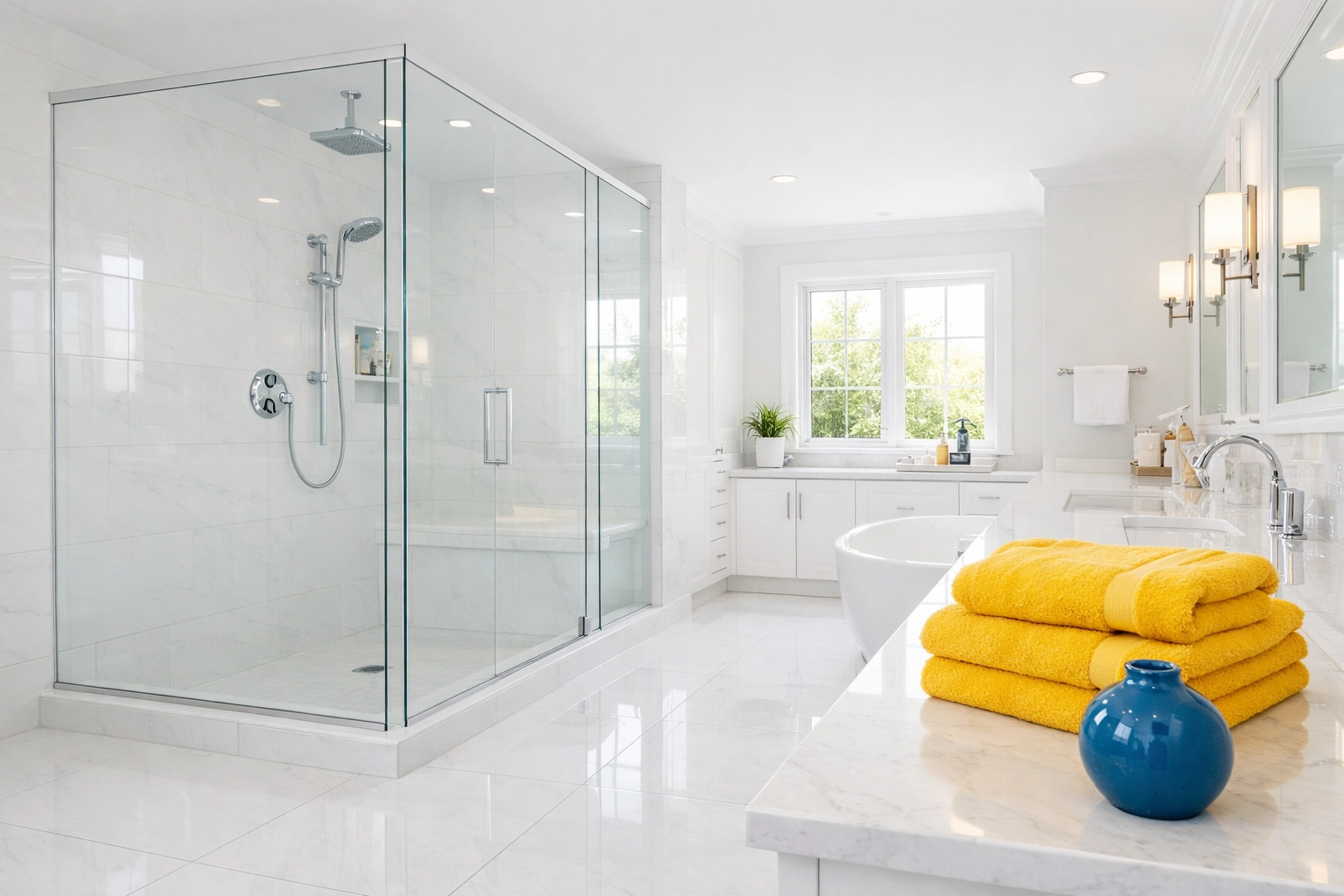 Sparkling luxury master bathroom with polished fixtures following a thorough deep cleaning in Wellesley MA.