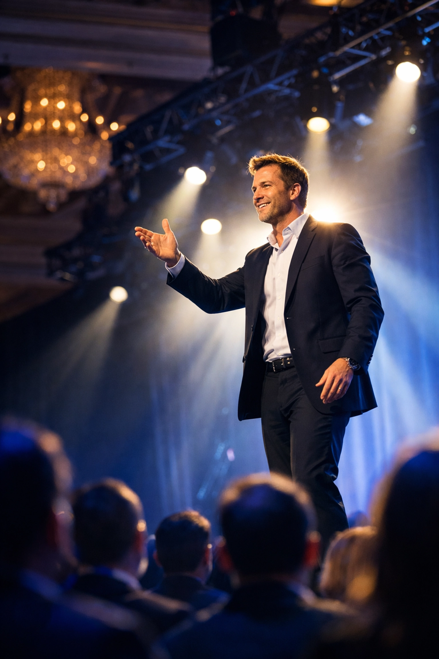 Professional event photographer capturing a keynote speaker at a high-energy Chicago business conference.