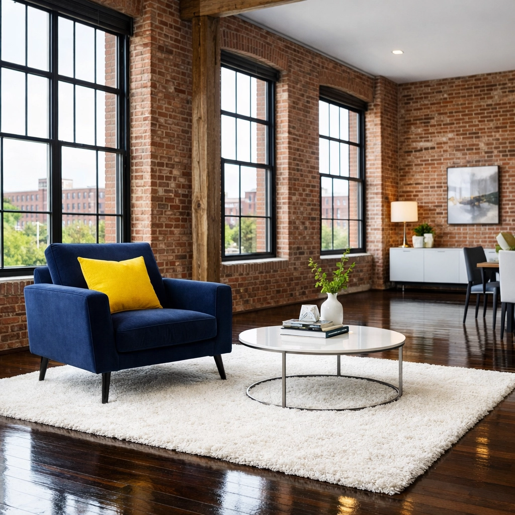 Professionally cleaned modern mill loft in Lowell MA with gleaming dark hardwood floors and brick walls.