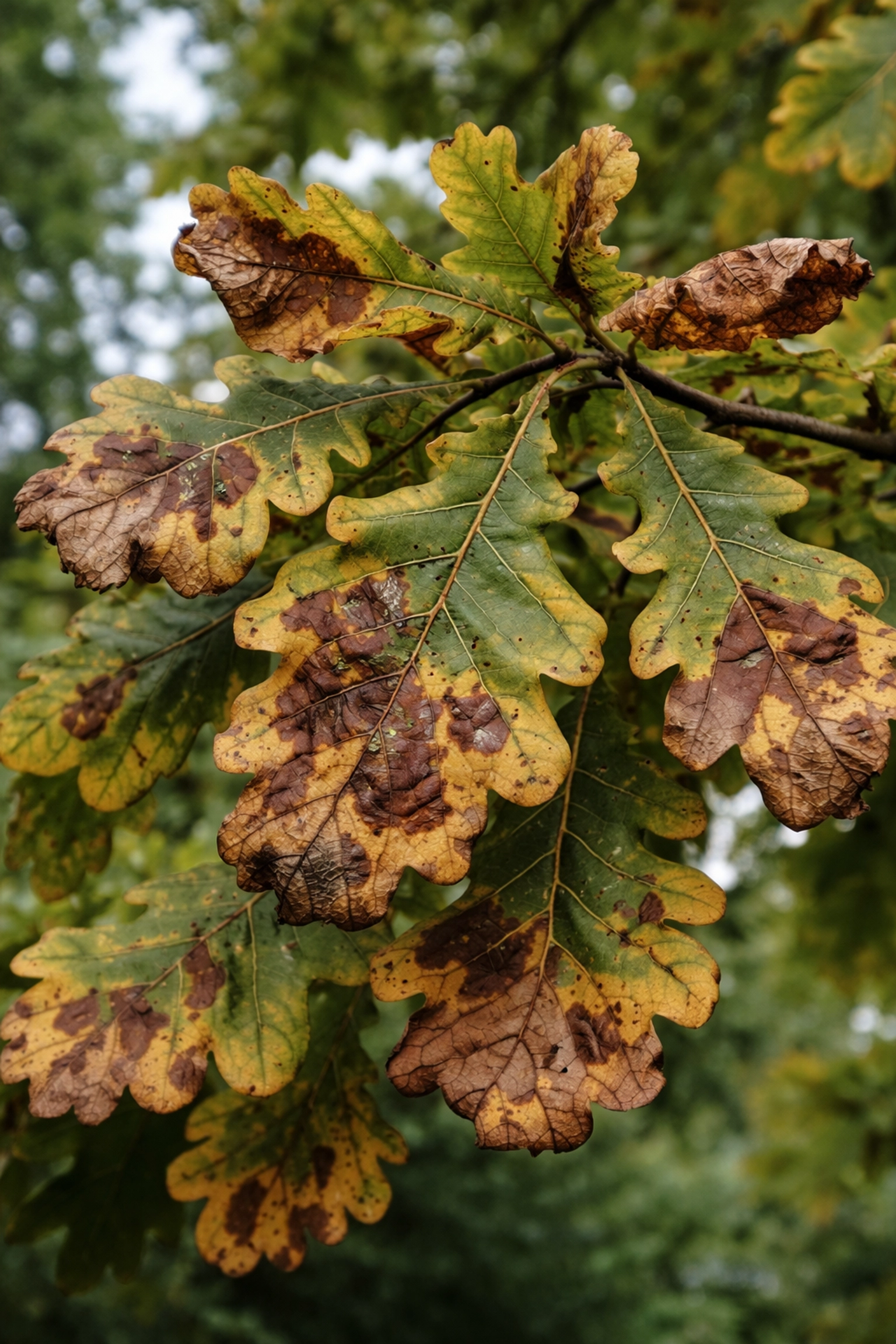 Oak tree leaves displaying brown blotches, yellow edges, and curling, common symptoms of fungal infection in UK oak trees.