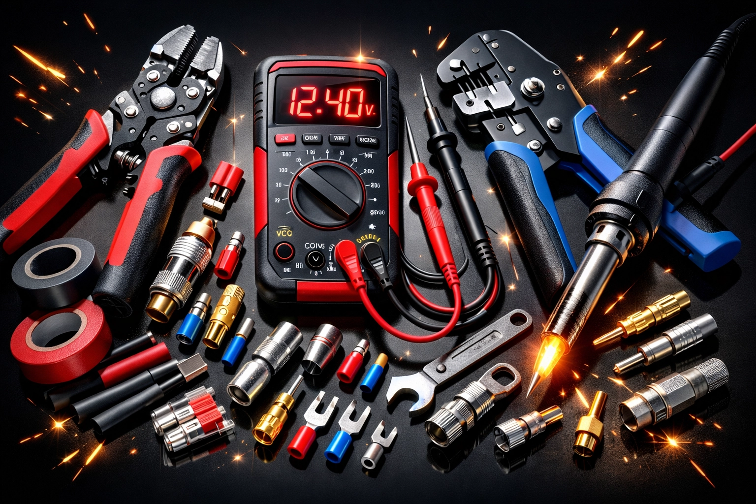 Essential car audio installation tools including wire strippers, multimeter, and connectors