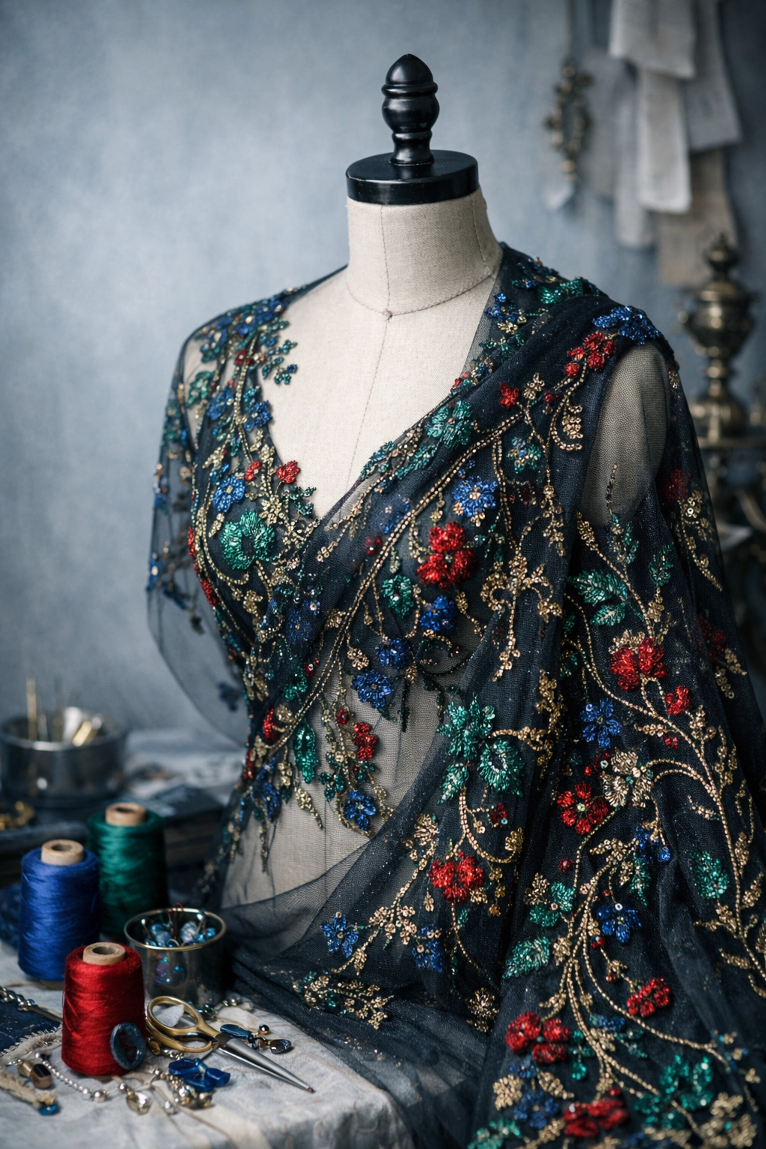 Latin designer atelier with hand-embroidered fabric on dress form showcasing traditional craftsmanship