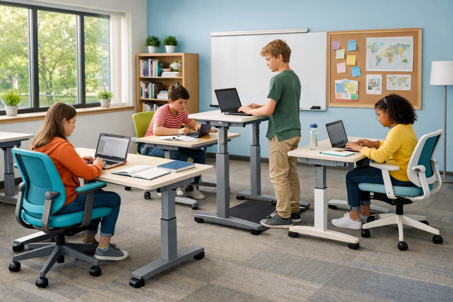 Height-adjustable desks and ergonomic seating supporting seated and standing student work