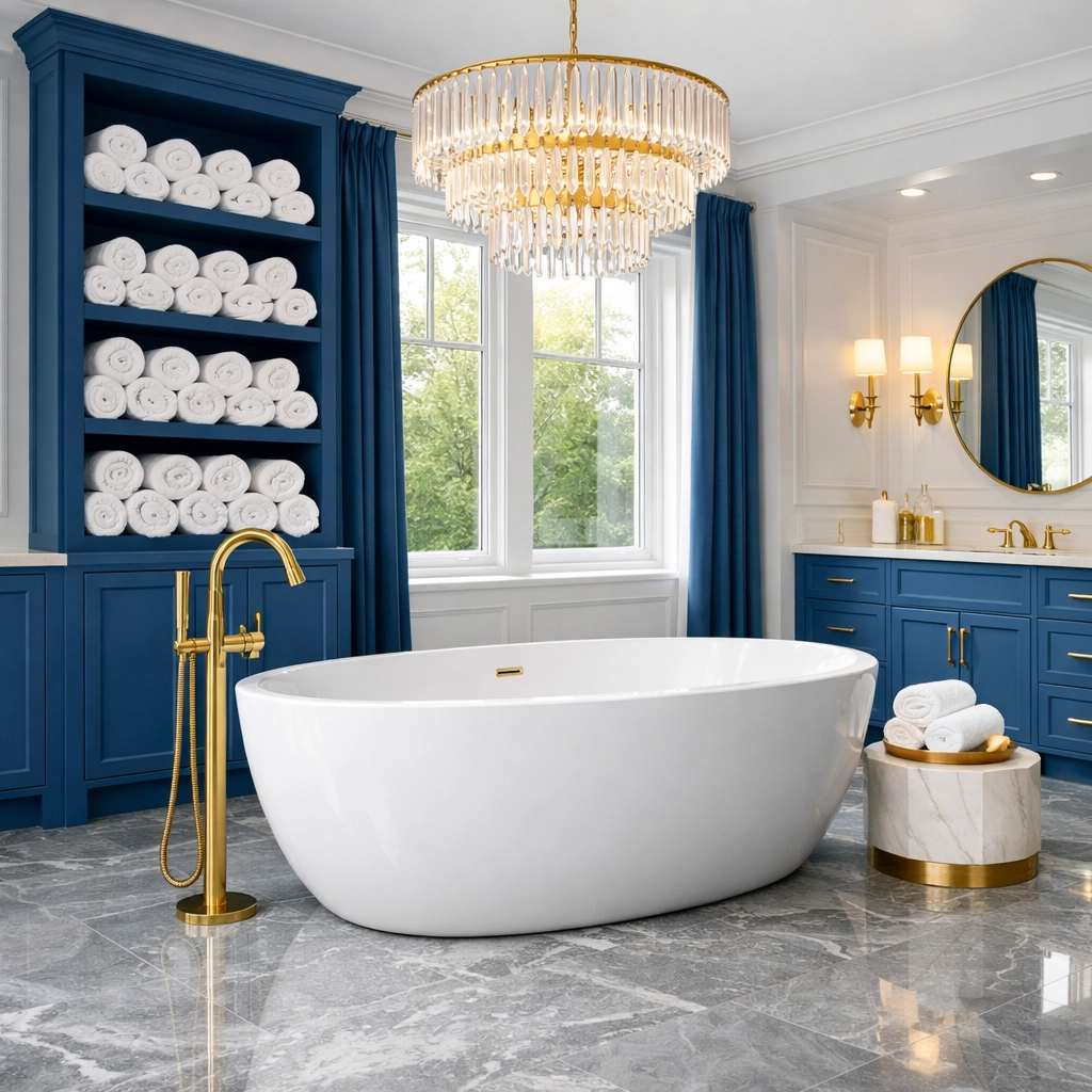 Luxury master bathroom in Wayland featuring polished brass fixtures and sparkling marble tile floors.