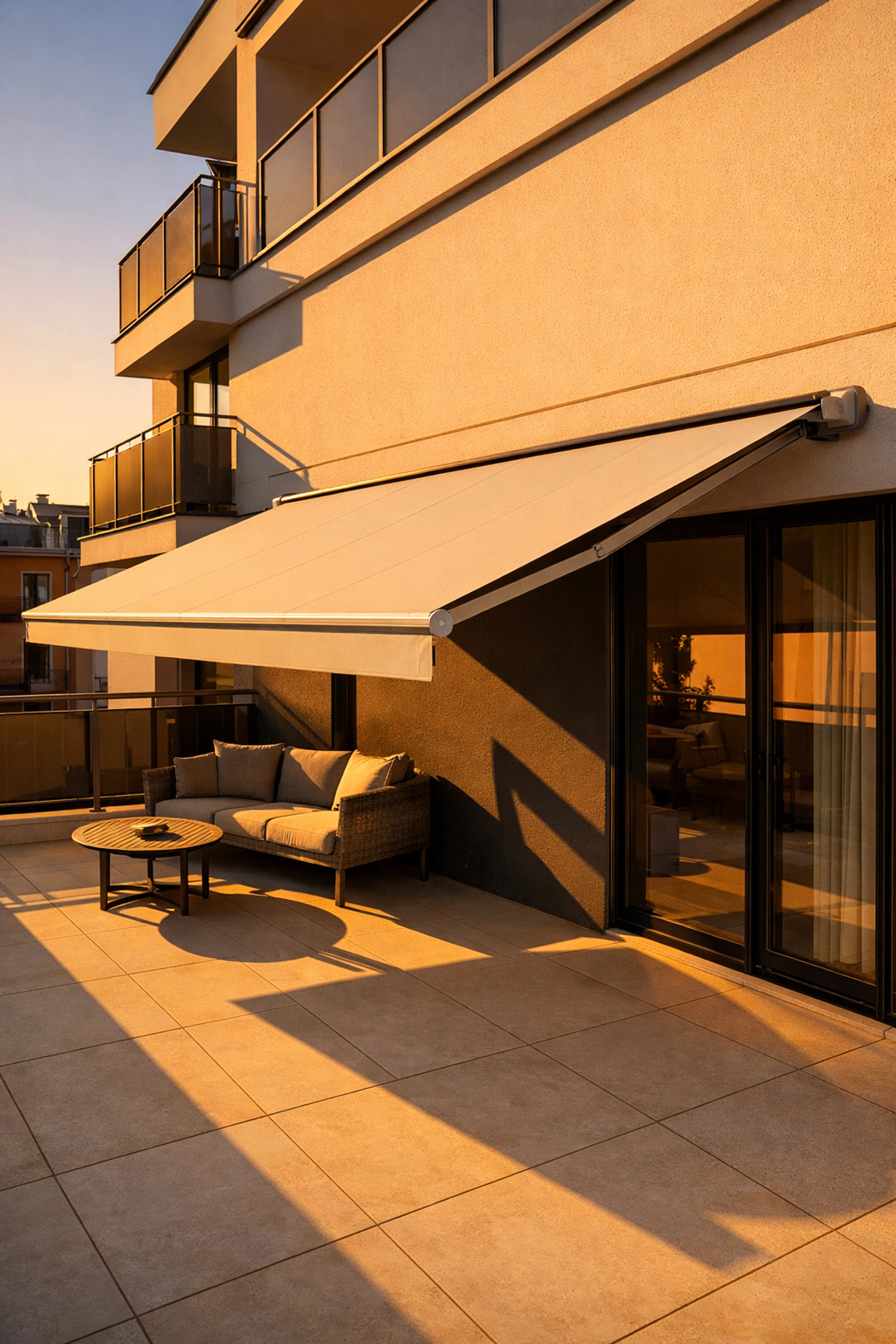 Ausgefahrene elektrische Markise auf Wiener Terrasse zeigt optimalen Schattenwurf