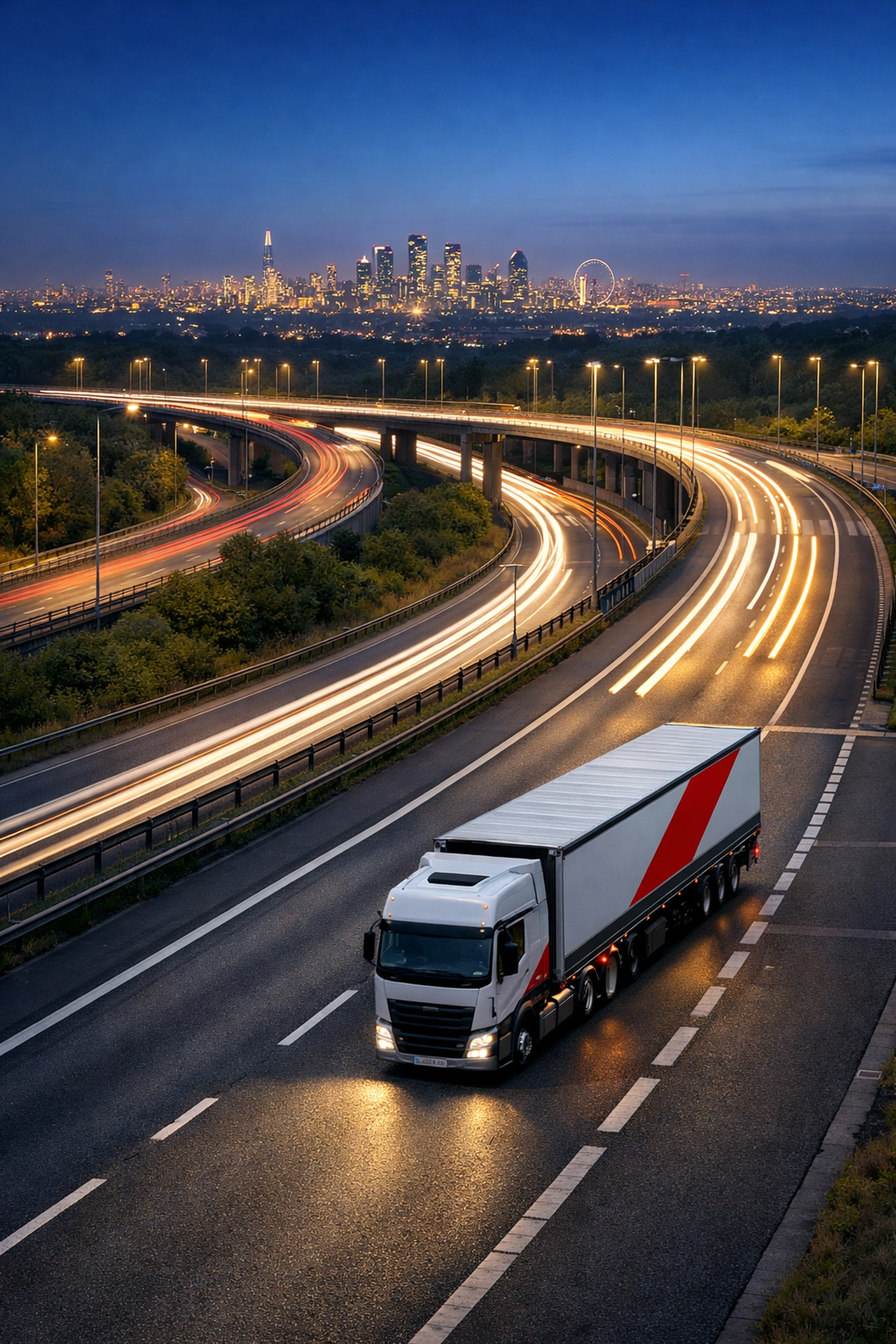 Logistics truck on a motorway connecting Hertford storage facilities to London.