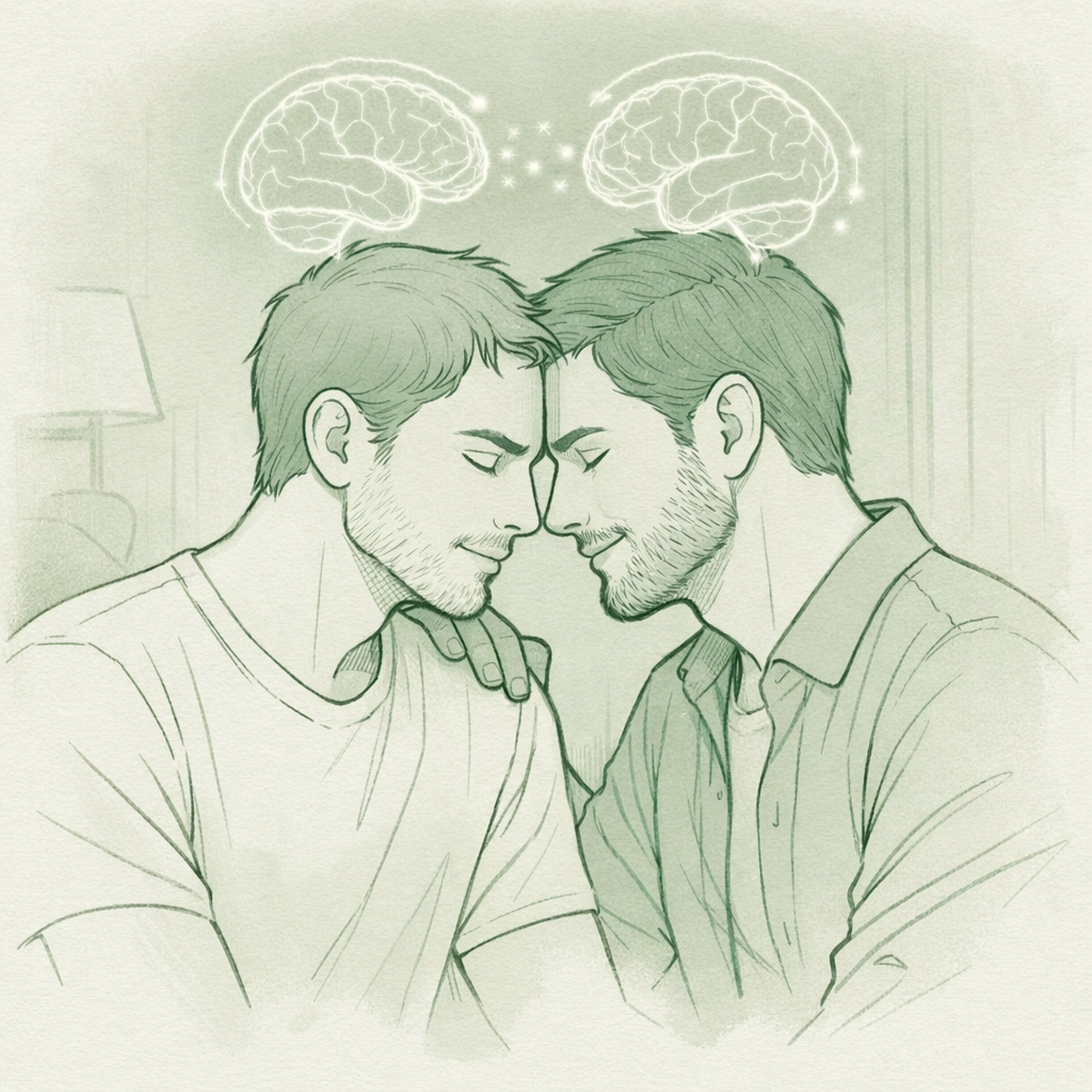 Gay couple showing emotional trust and safety through intimate connection