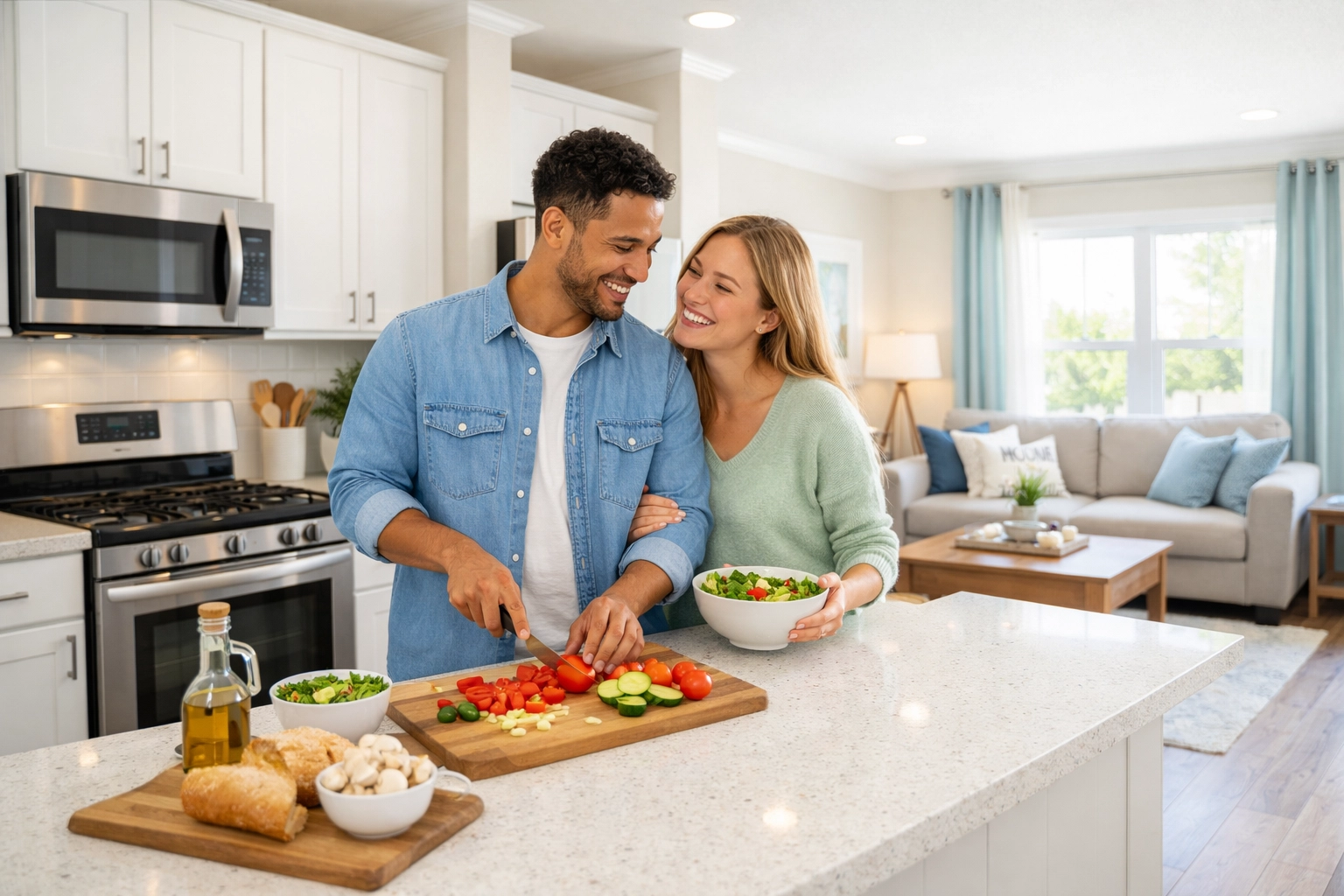 Modern interior of a manufactured home featuring a bright open-concept kitchen with stainless steel appliances.