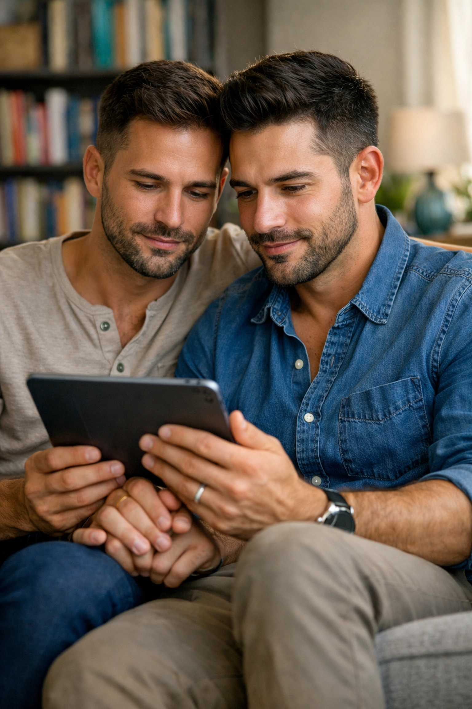 Gay male couple planning their family building journey together at home with a tablet.