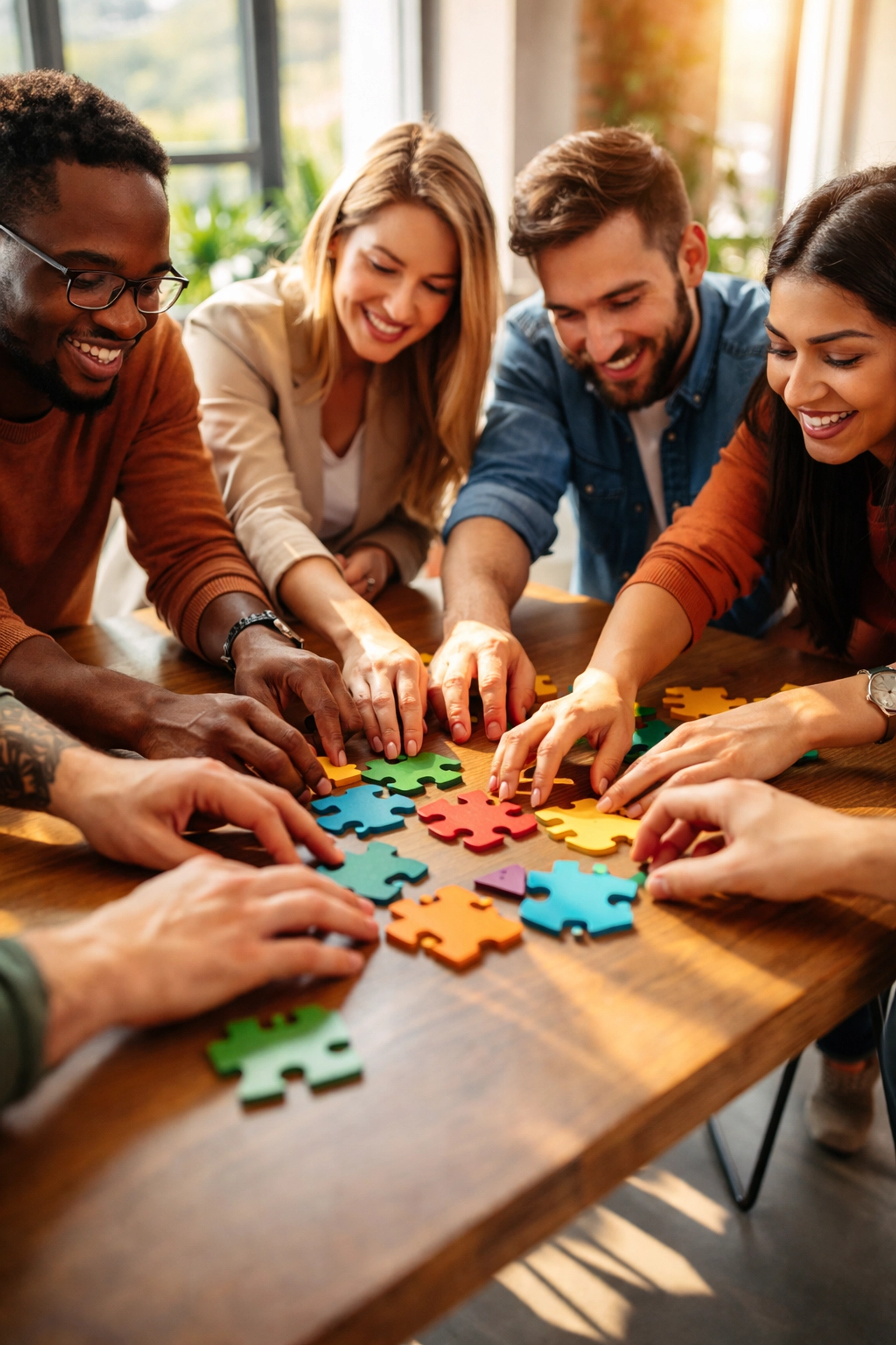 Coworkers collaborating on a group puzzle activity, using teambuilding puzzles for conflict resolution.