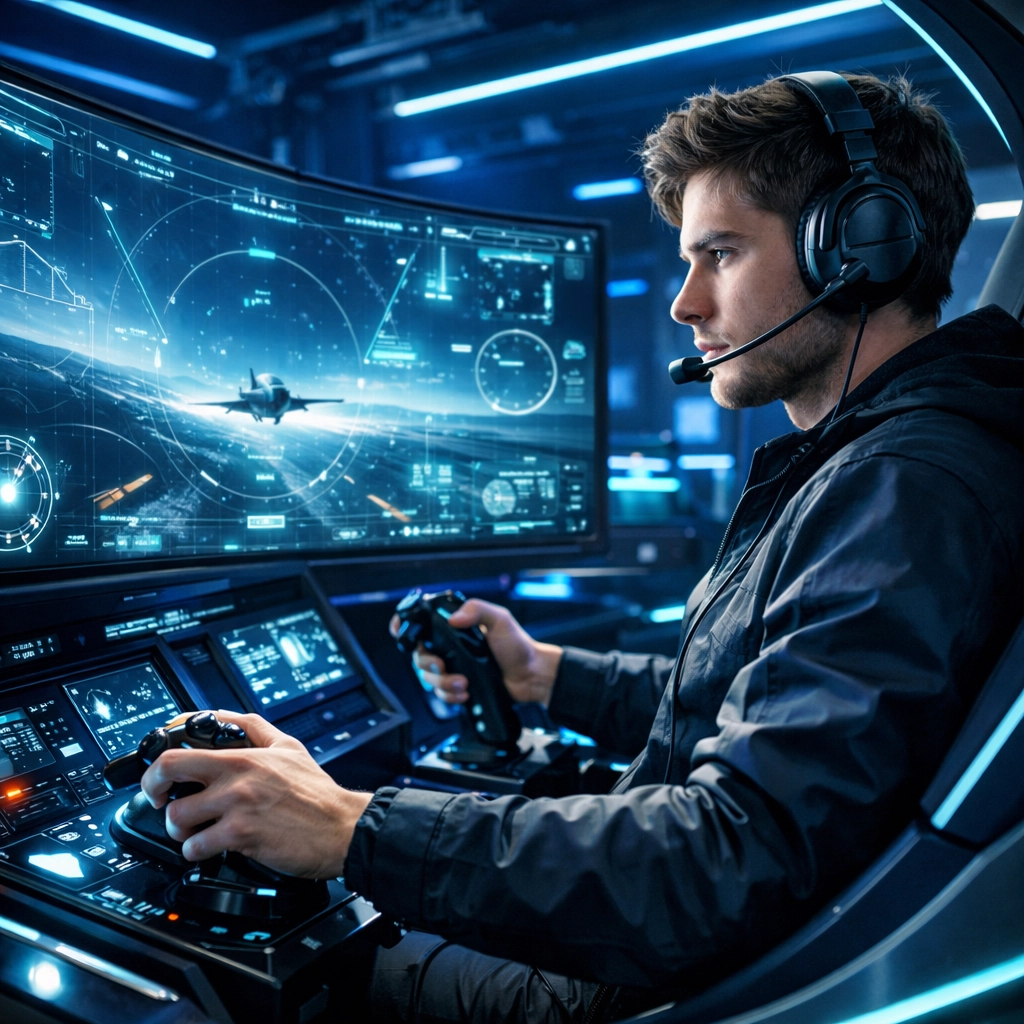 Student using an EsportsPod aerospace simulation station for career pathway training.