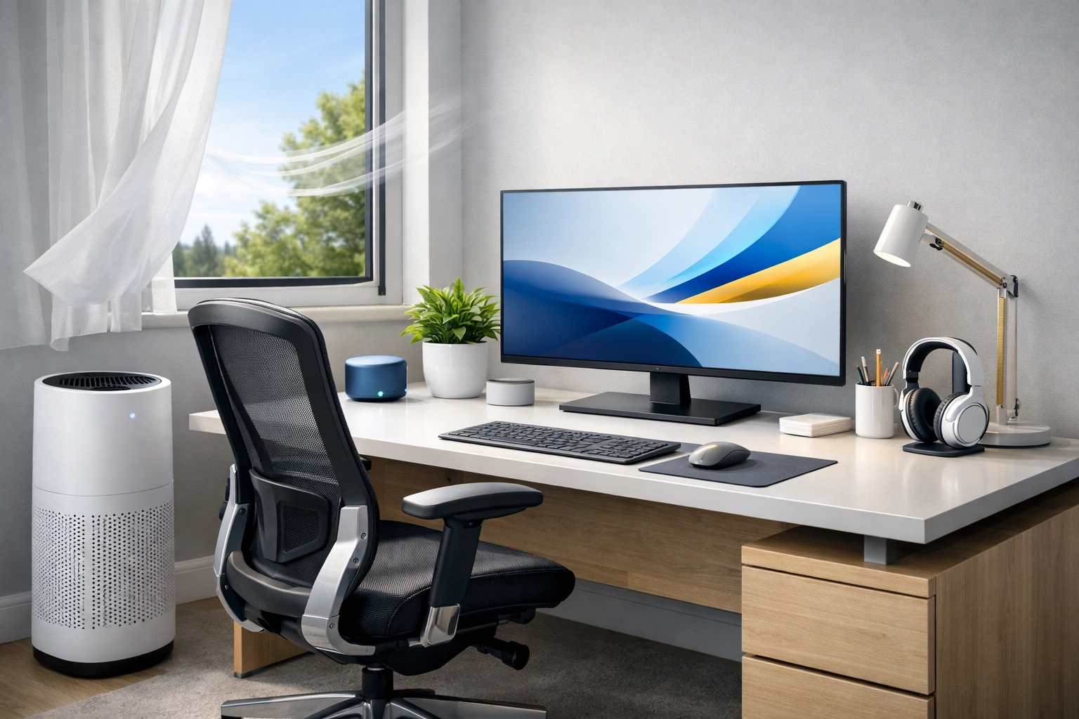 Spotless home office with an air purifier and fresh airflow after house cleaning, supporting better indoor air quality.