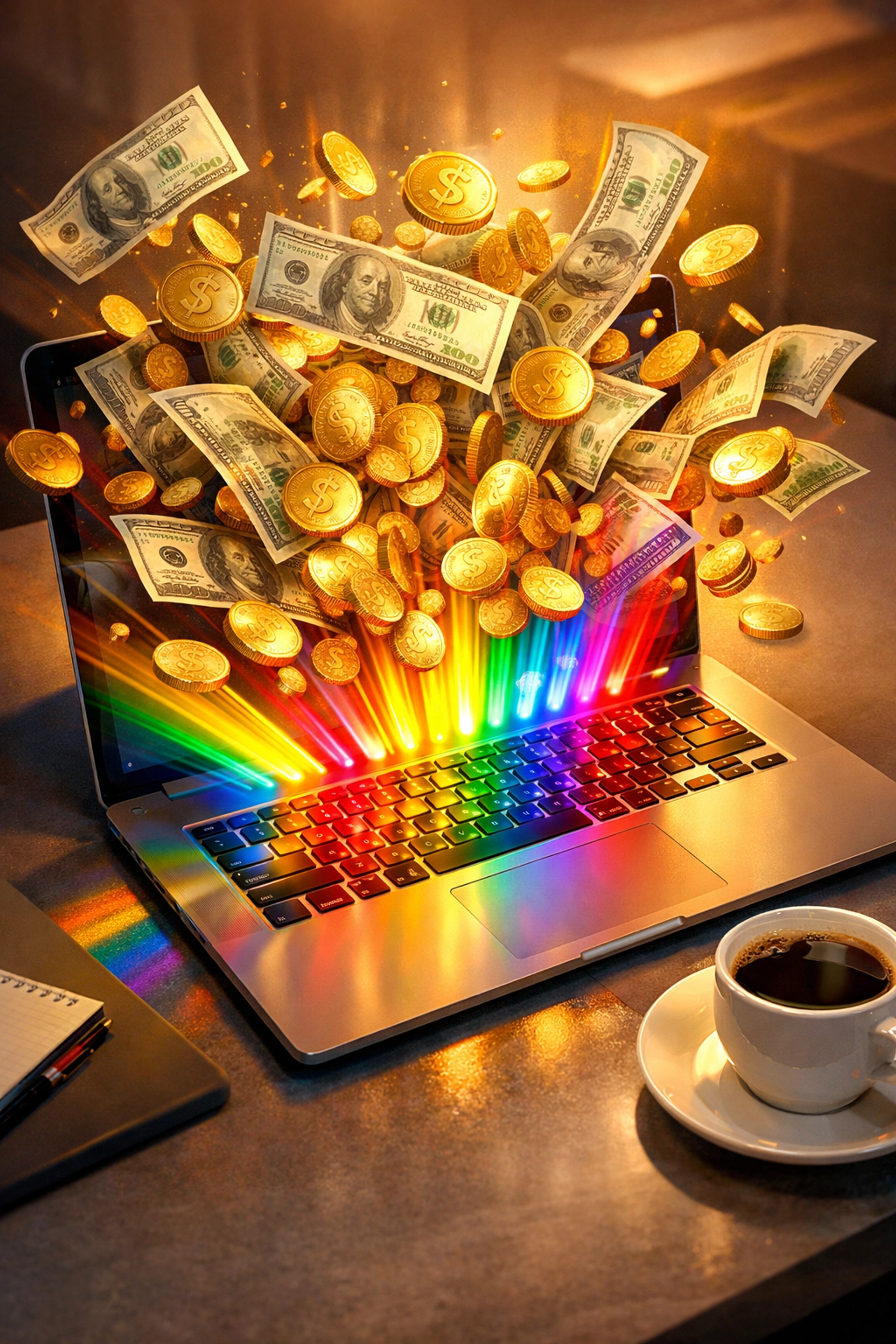 Daily author payouts visualization showing money flowing from laptop for LGBTQ+ writers