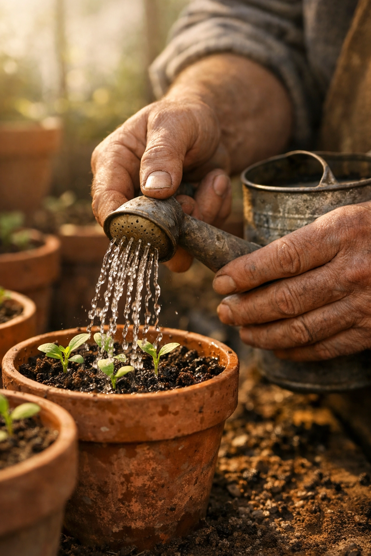Gardener hand watering seedlings with watering can in container garden