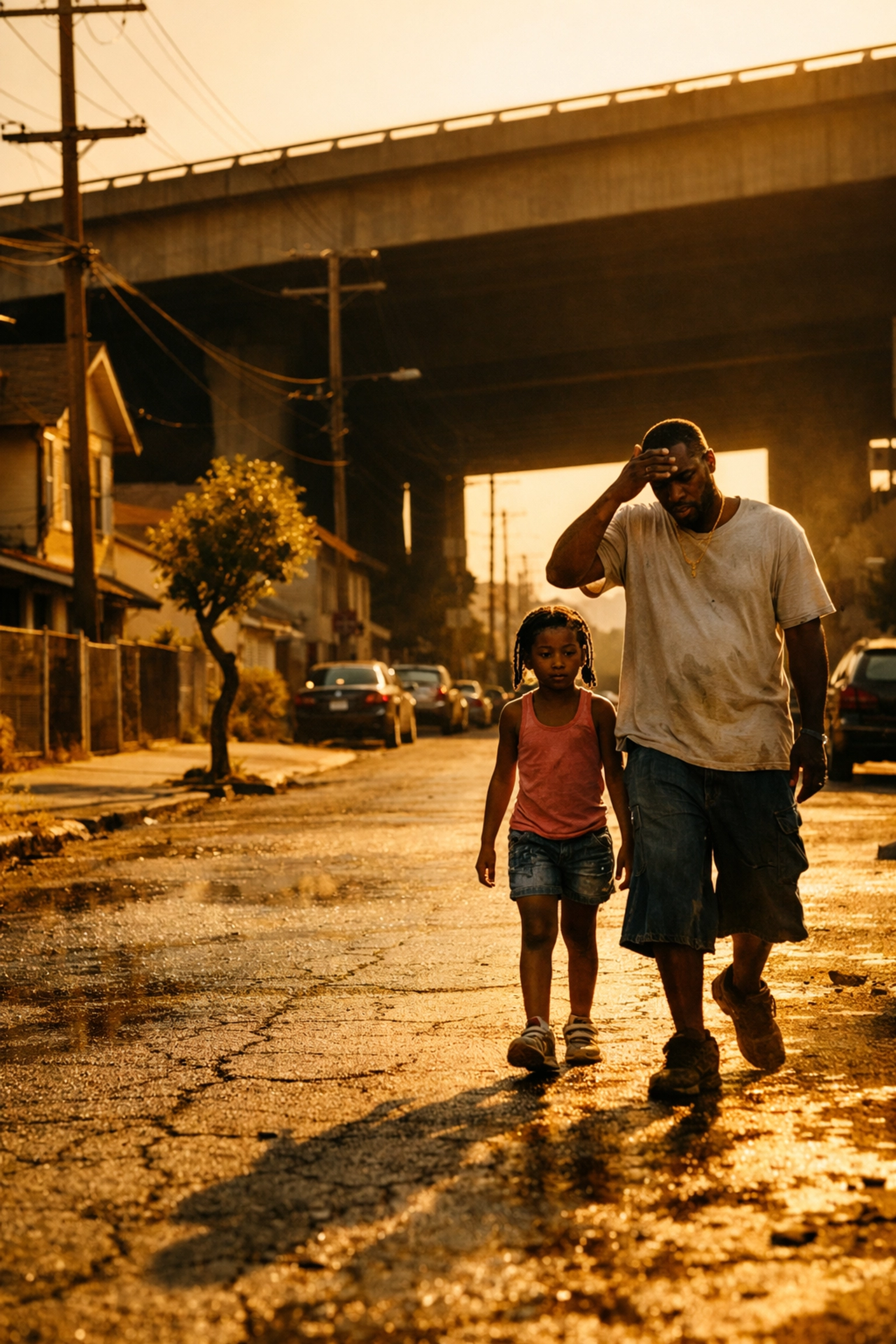 Father and daughter on a hot Oakland street, showing the community impact of urban neighborhood revitalization.