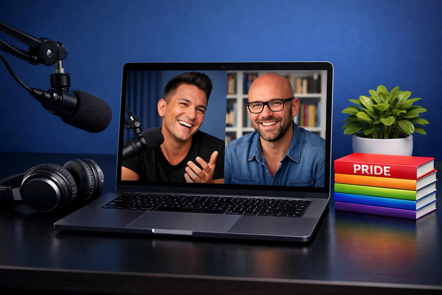 A gay podcast host interviewing a queer author on a laptop screen with a professional home desk setup.