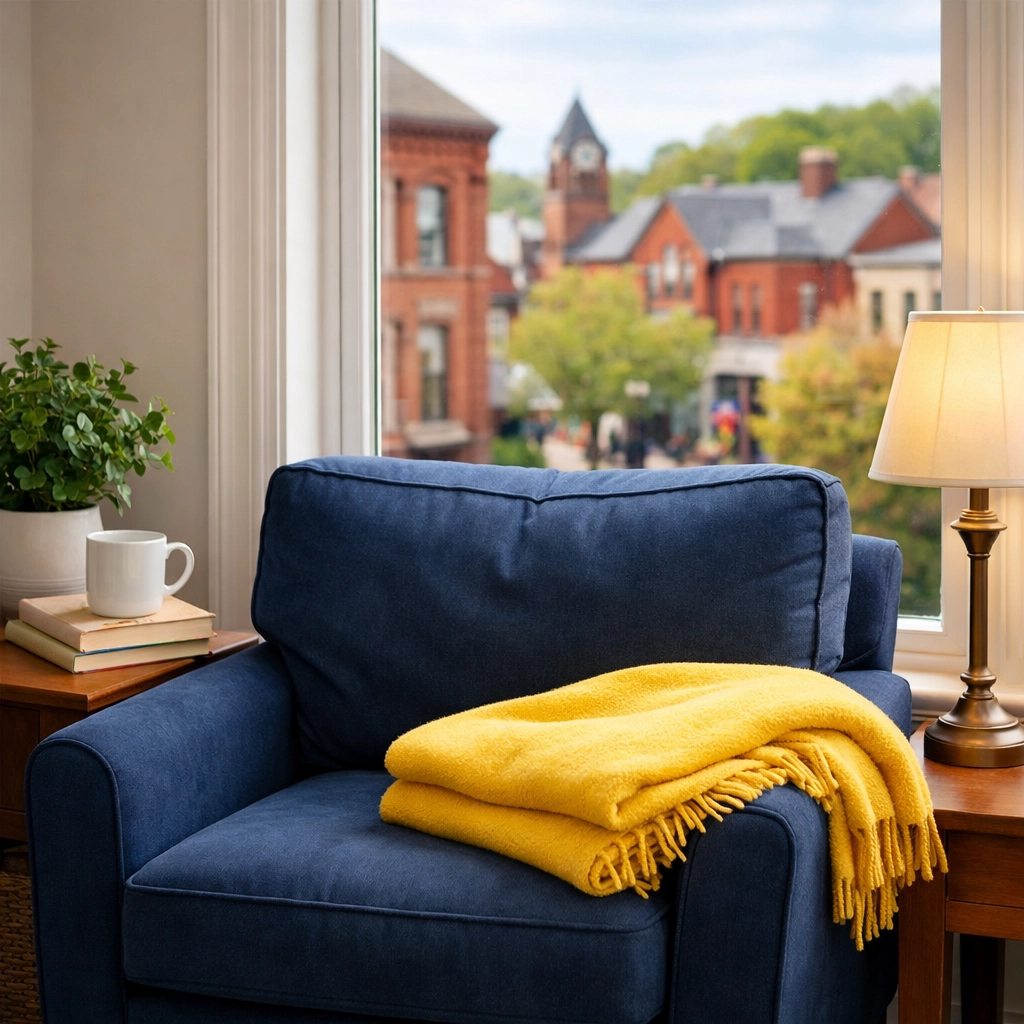 Dust-free apartment reading nook in downtown Leominster featuring clean windows and organized space.