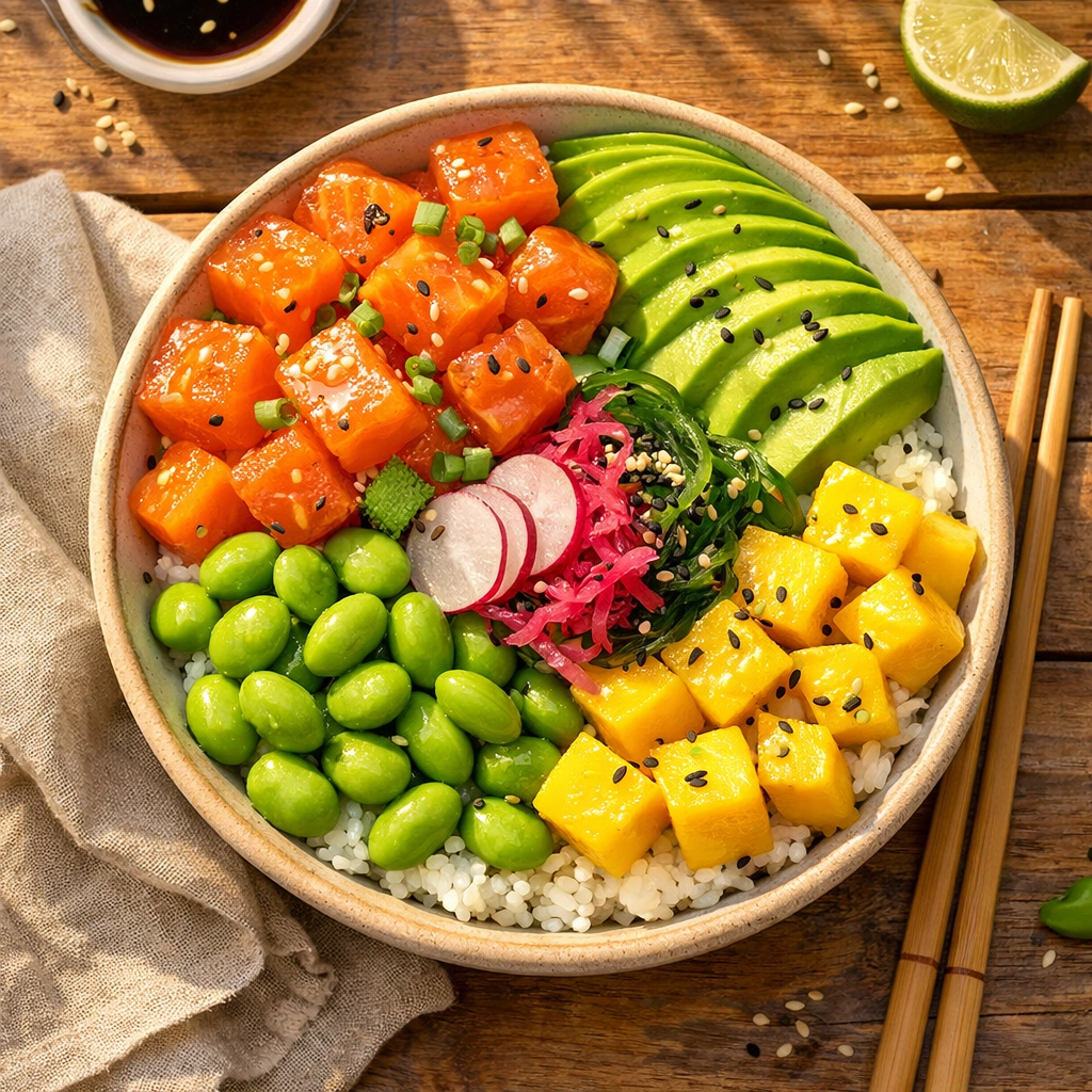 Poke bowl frais avec saumon et avocat sur une terrasse à Montpellier, idéal pour manger sain.