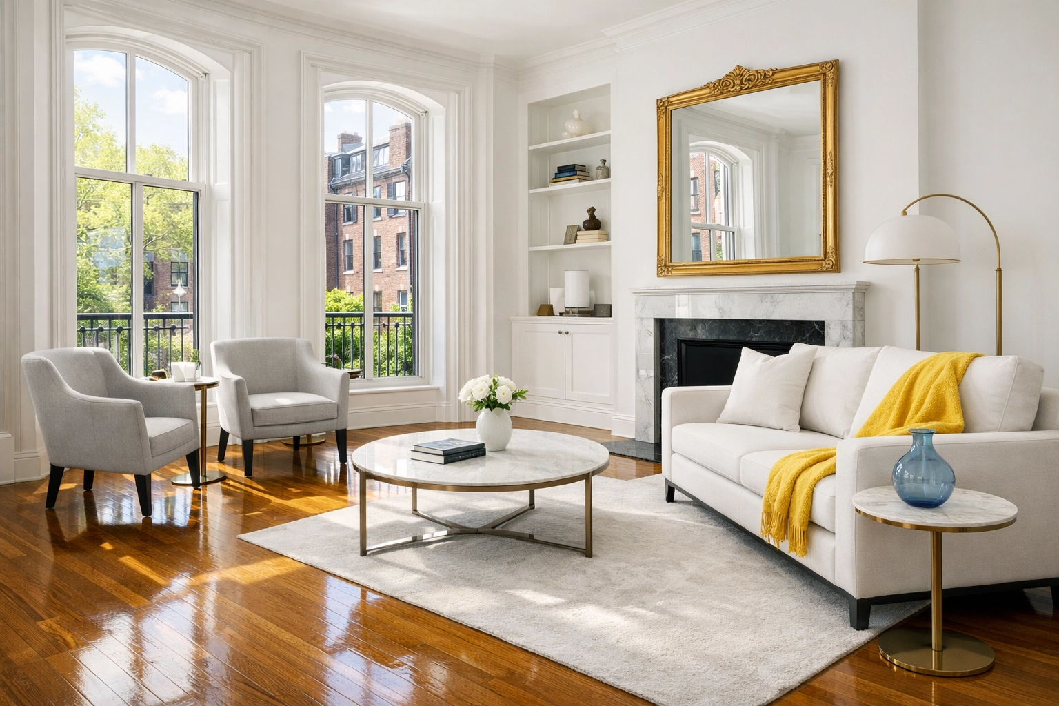 Professionally cleaned Boston apartment living room with polished hardwood floors, ready for a security deposit inspection.