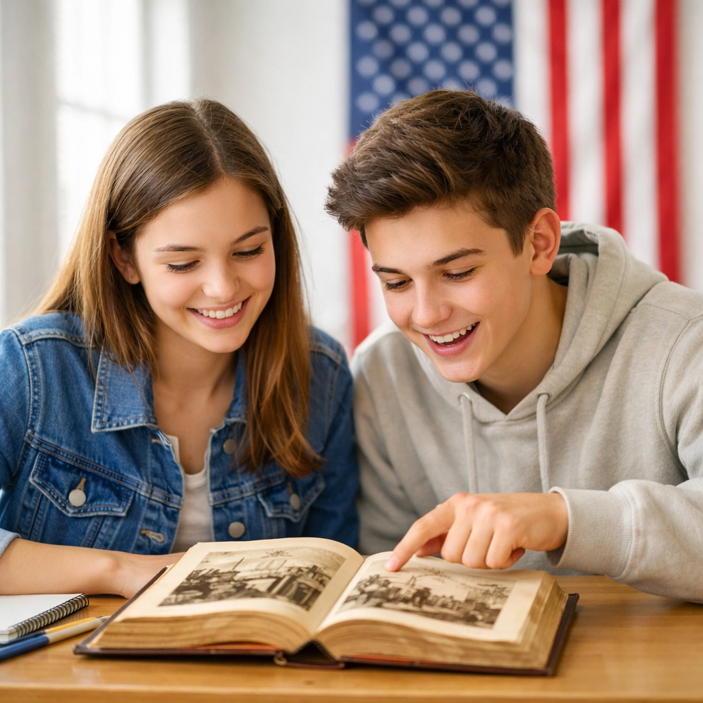 High school students studying civics by an American flag, learning liberty and justice for all