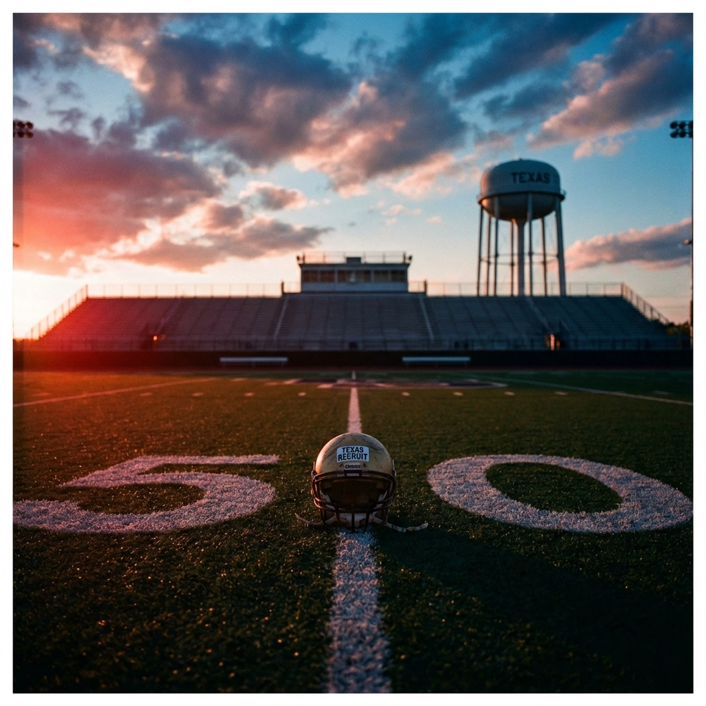 Texas high school football field at sunset with helmet, illustrating Jordan Renaud's recruiting journey