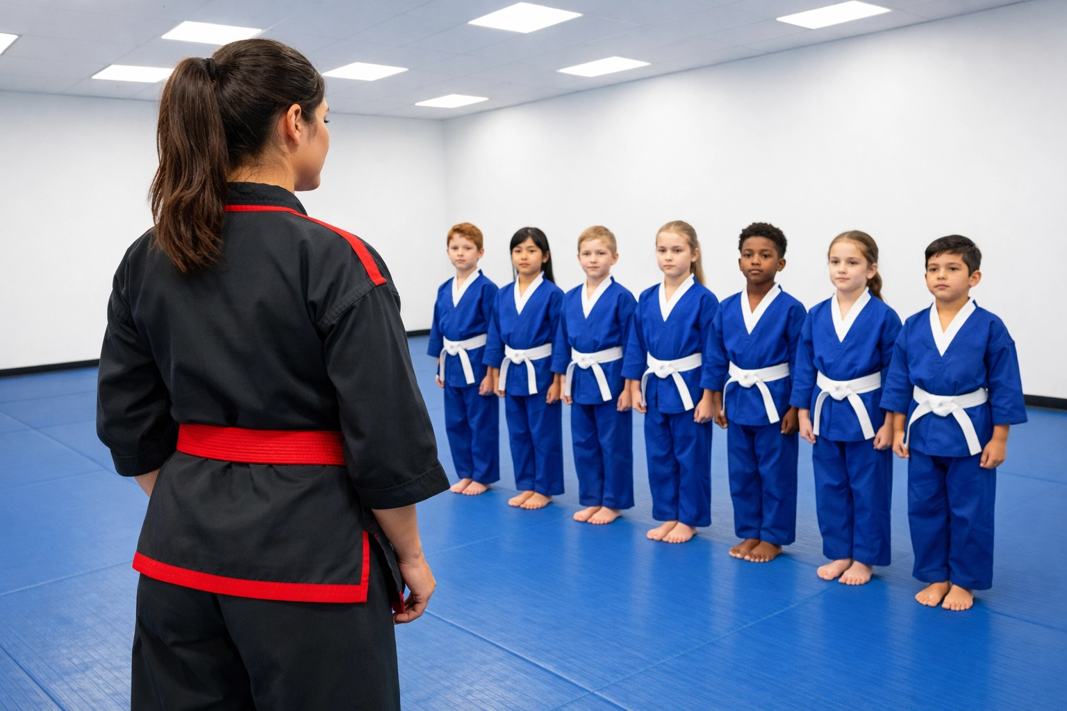 Kids in blue martial arts uniforms standing at attention during a Huddersfield karate class.