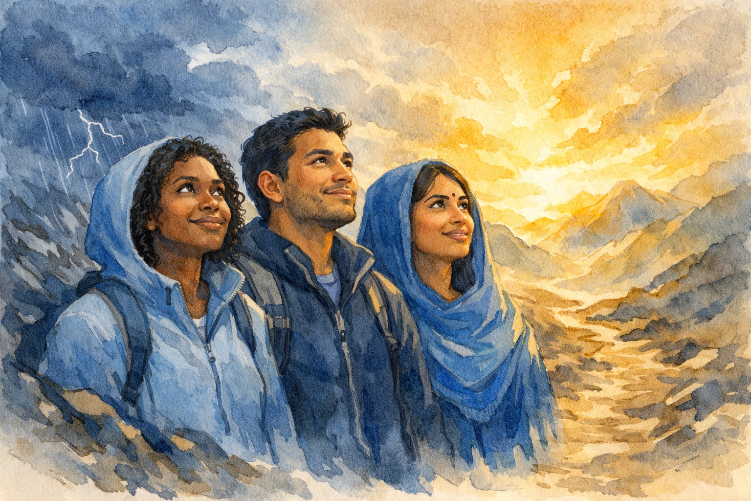 Diverse Christians climbing mountain path toward golden light representing faith overcoming adversity