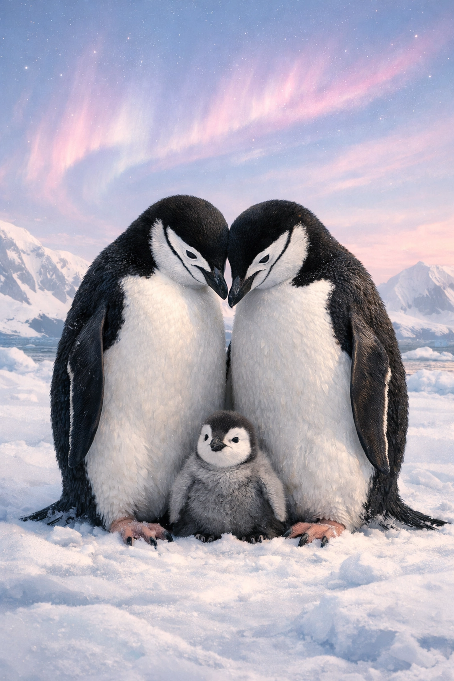 Two male penguins nurturing a chick in Antarctica, illustrating the concept of gay dads and found family.