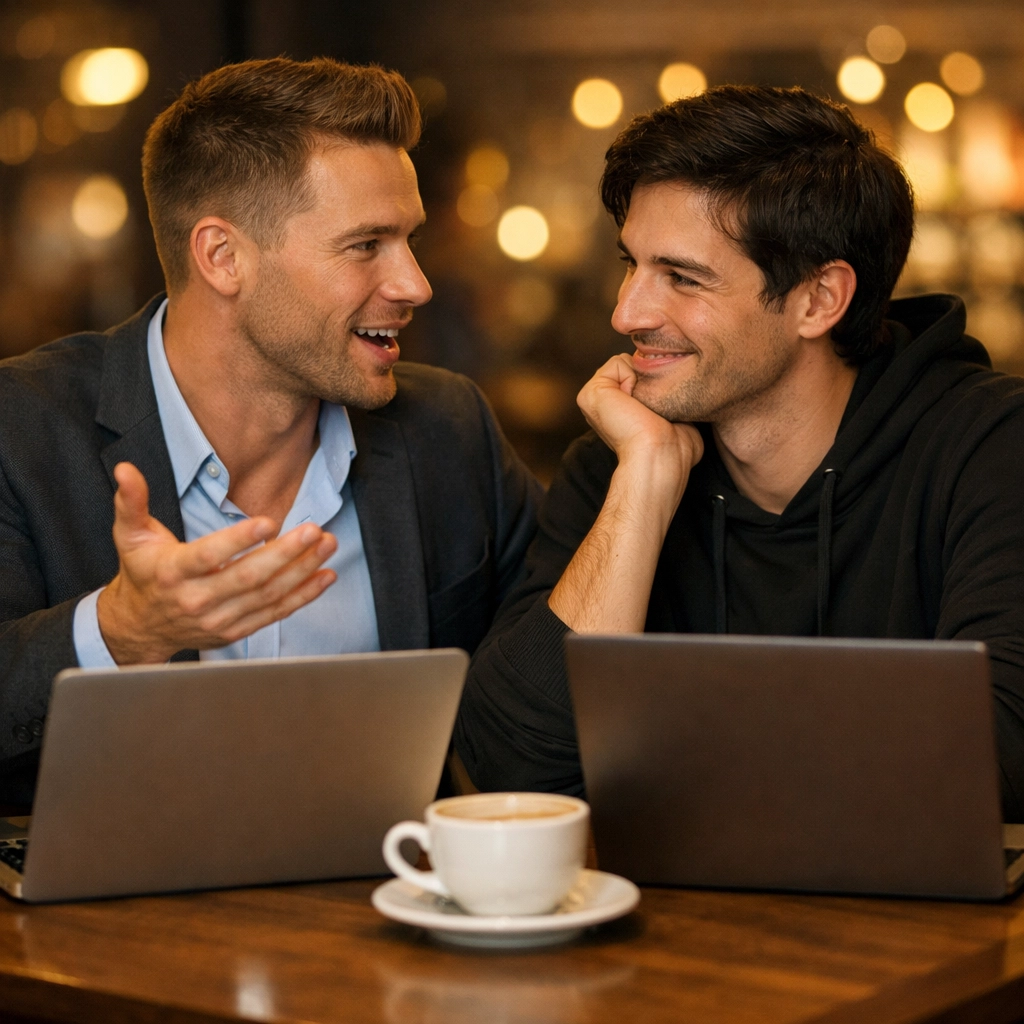Gay couple connects over coffee and laptops - MM romance hacker love story