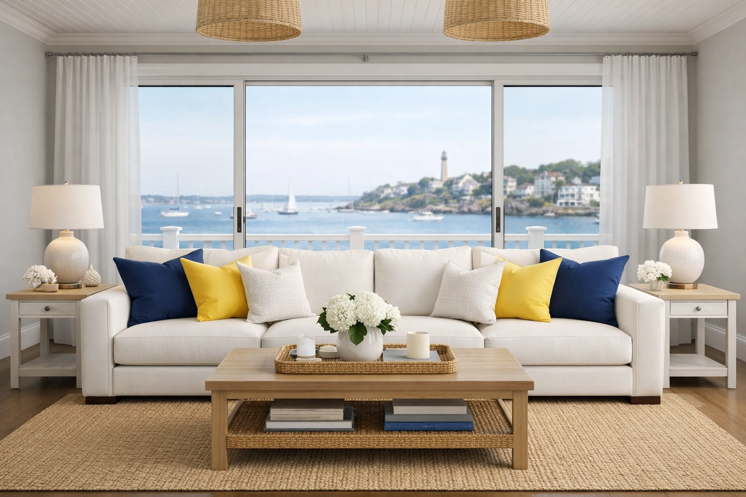 Spotless coastal living room overlooking Marblehead harbor after service from professional cleaners in Marblehead.