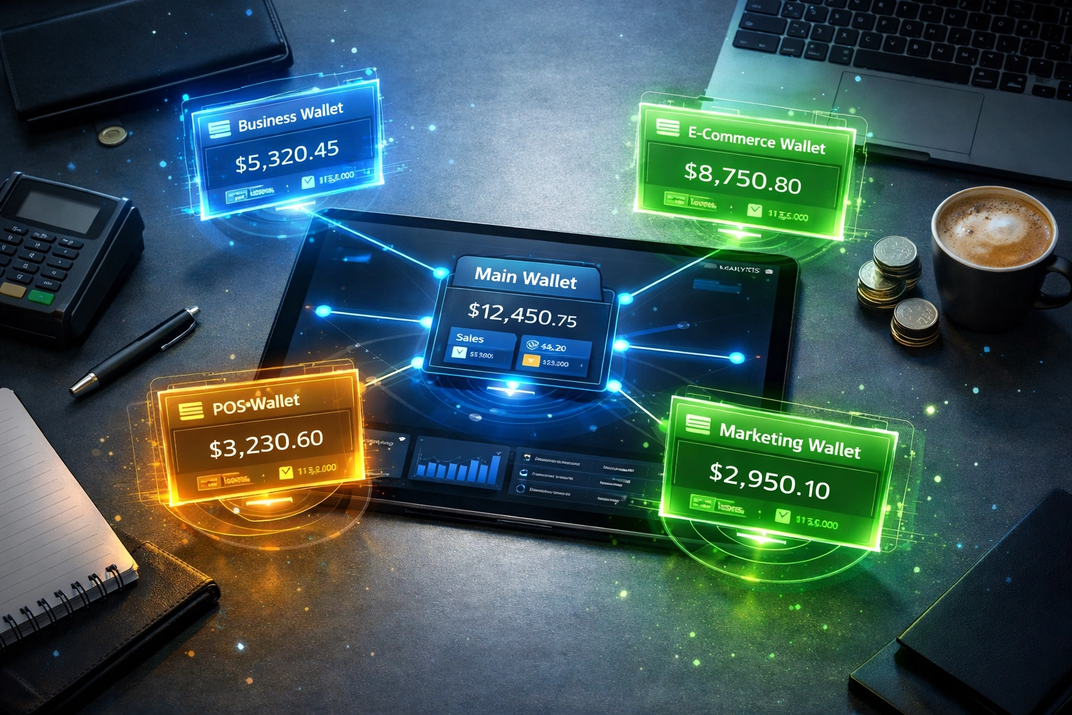 Merchant crypto payment dashboard displaying master and sub-wallet management system