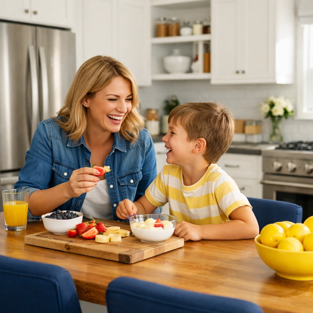 A spotless Lowell kitchen and happy family benefiting from recurring maid services Lowell.