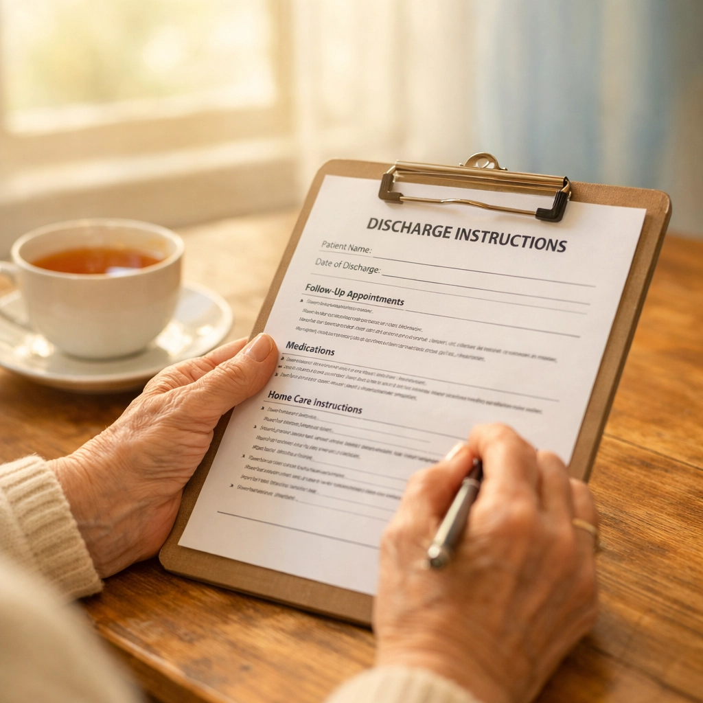 Senior reviewing hospital discharge papers for assisted living placement