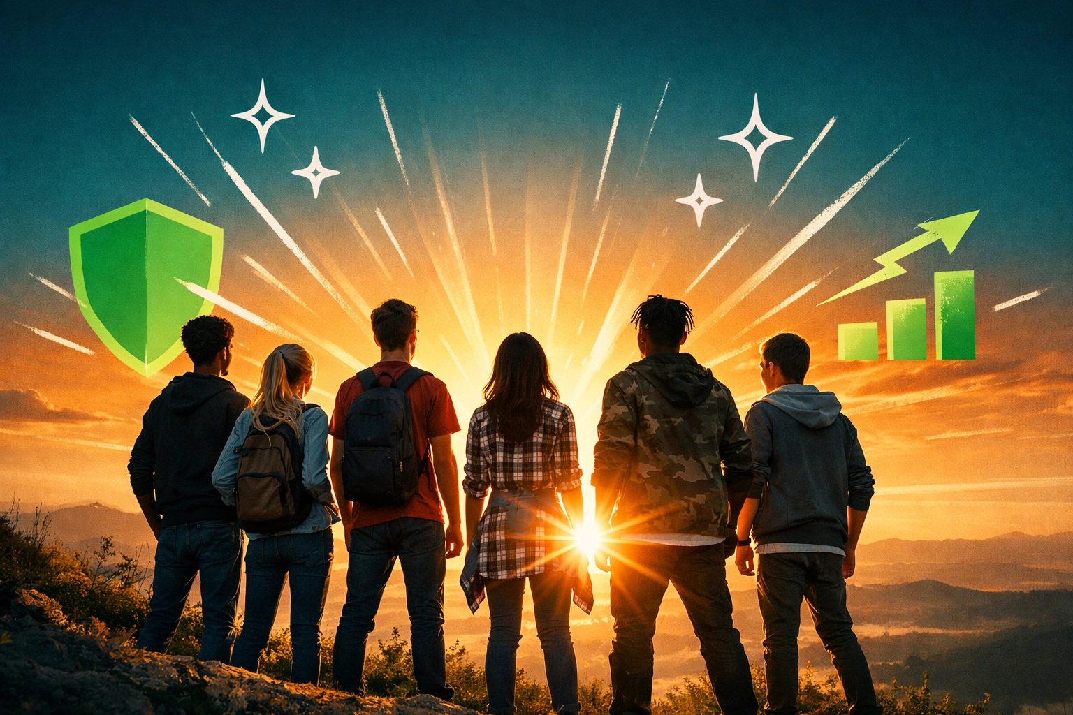 Empowered teens looking at a sunrise, symbolizing a bright future through essential digital life skills.