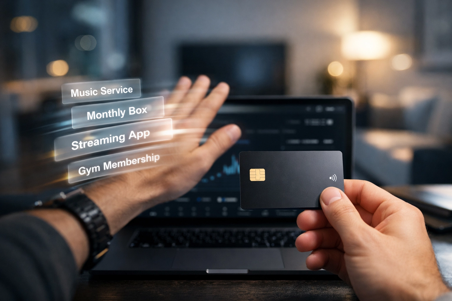 A person using a credit card and laptop to cancel unwanted digital subscriptions and save money.