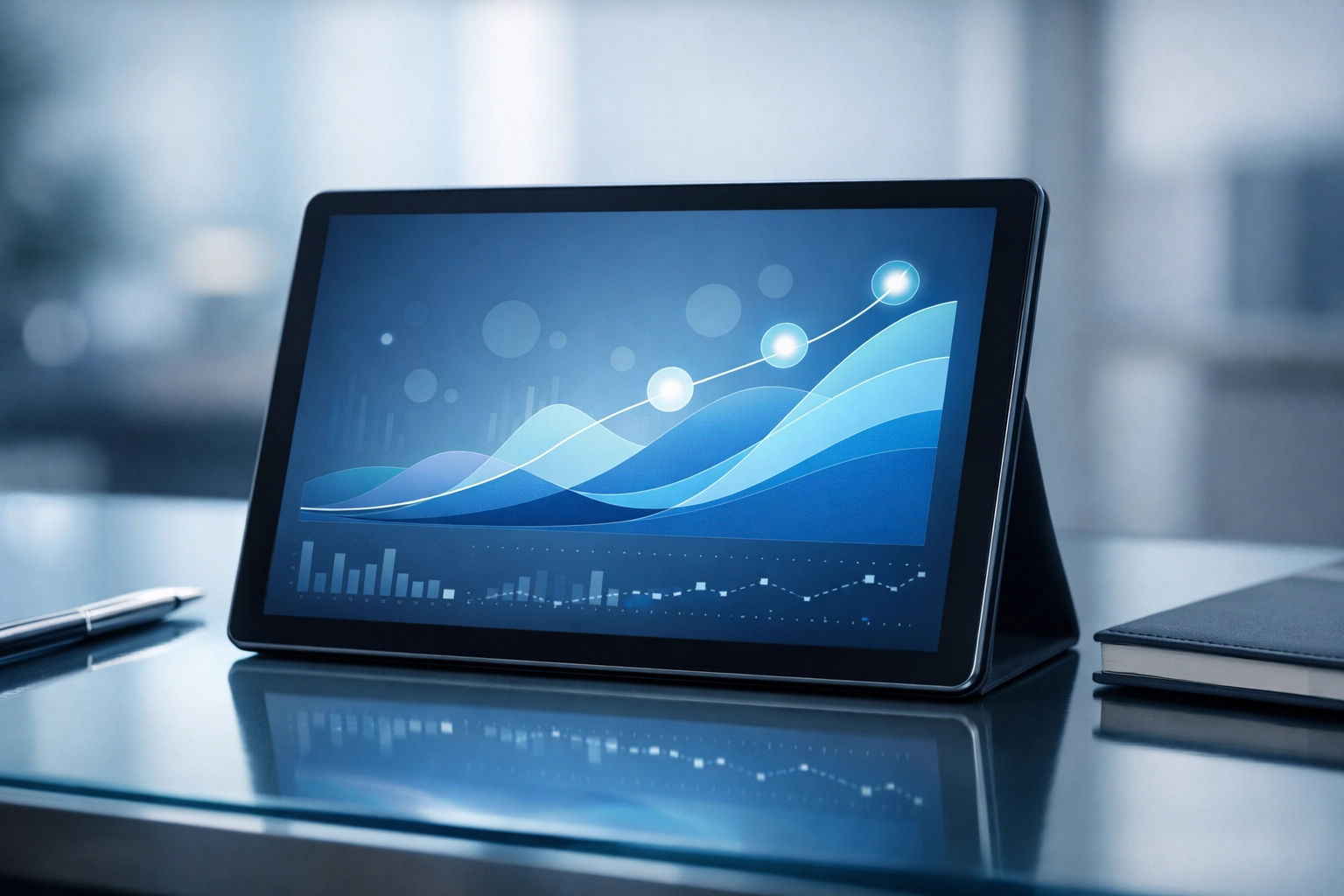 Modern desk with a tablet showing abstract data visualizations for performance monitoring and data-driven growth.